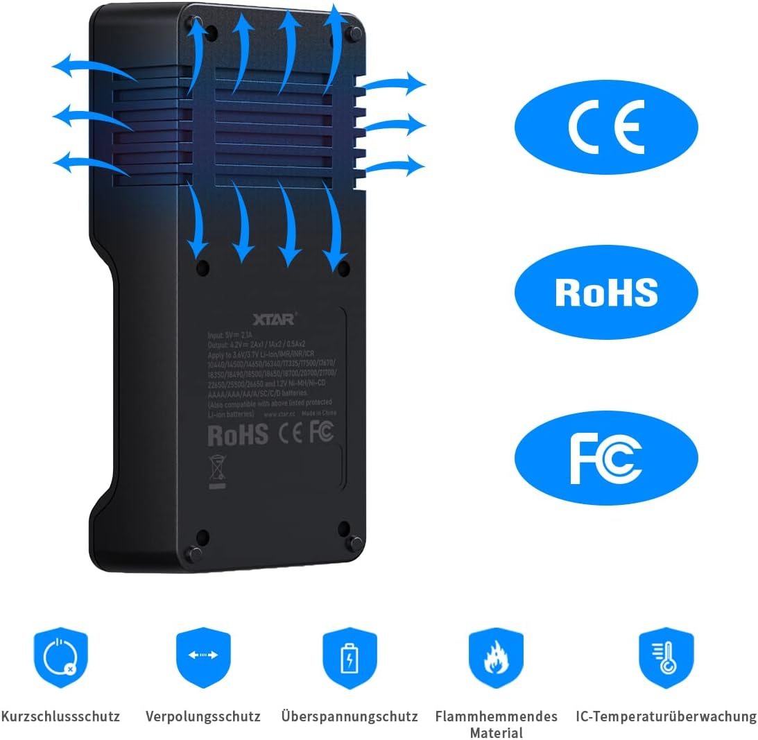 18650 Akkuladegerät XTAR VC2L, 21700 Intelligentes Ladegerät mit 2 Steckplätzen und LCD-Display, USB C Ladegerät für 3,6V 3,7V Akku und 1,2V AA AAA Akku – Bild 6