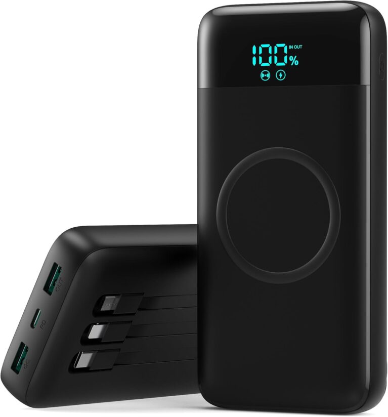 Kabellose Powerbank 26800 mAh mit 3 Kabeln, 7 in 1 25 W PD3.0 + QC4.0 Schnelllade-USB-C-Powerbank, 6 Ausgänge, externe Handy-Akkus mit LCD-Display, kompatibel mit iPhone 17/16/15/14, Huawei, Samsung