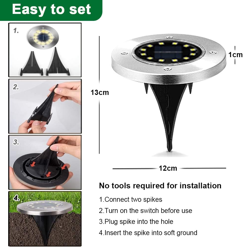 Bowfar Solar-Bodenleuchten für den Außenbereich, 12 LEDs, warmweiße Solarleuchten für den Außenbereich, 800 mAh IP65 wasserdichte Solarleuchten, Solar-Gartenleuchten für Rasen, Gehweg, Terrasse, Terrassengarten, 12 Stück – Bild 7