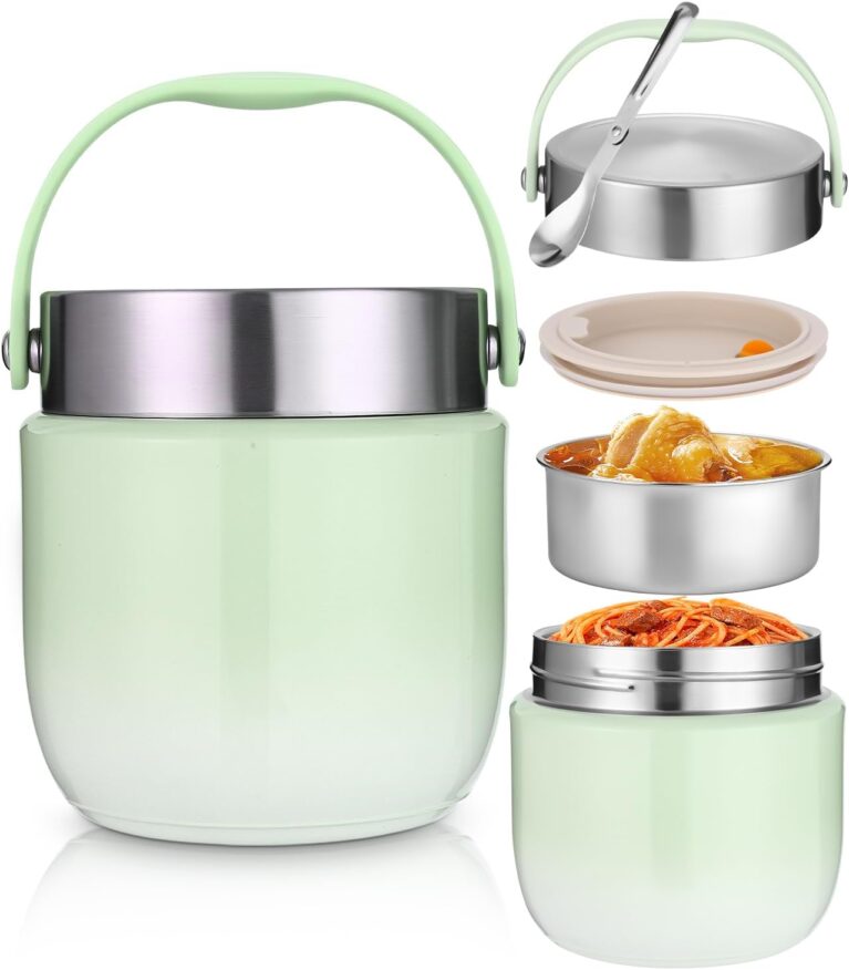 Thermo-Lebensmittelbehälter 1200 ml, Thermoschüssel mit Deckel, Warmhaltebehälter aus Edelstahl mit faltbarem Löffel, Lunchbox Thermo Kinder Erwachsene zum Aufbewahren von Suppen, Brei, Eis, Grün