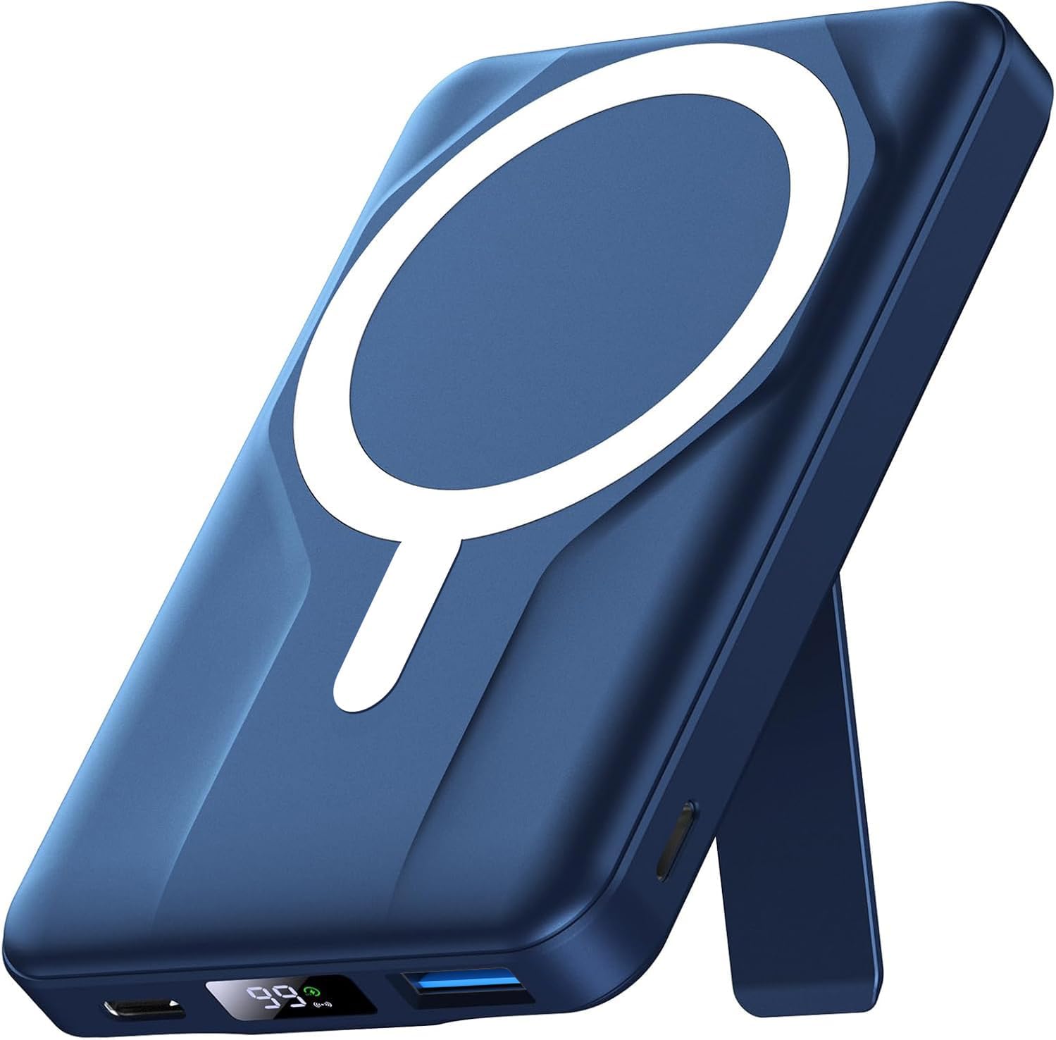 Azmuth Magsafe Powerbank 10000 mAh kabellos magnetisch für iPhone 17-12 | Kabellose Powerbank mit USB-C-Eingang und -Ausgang, 22,5 W USB-A, Klappständer und LED-Bildschirm für iPhone 17/16/15/14/13/12 – Blau