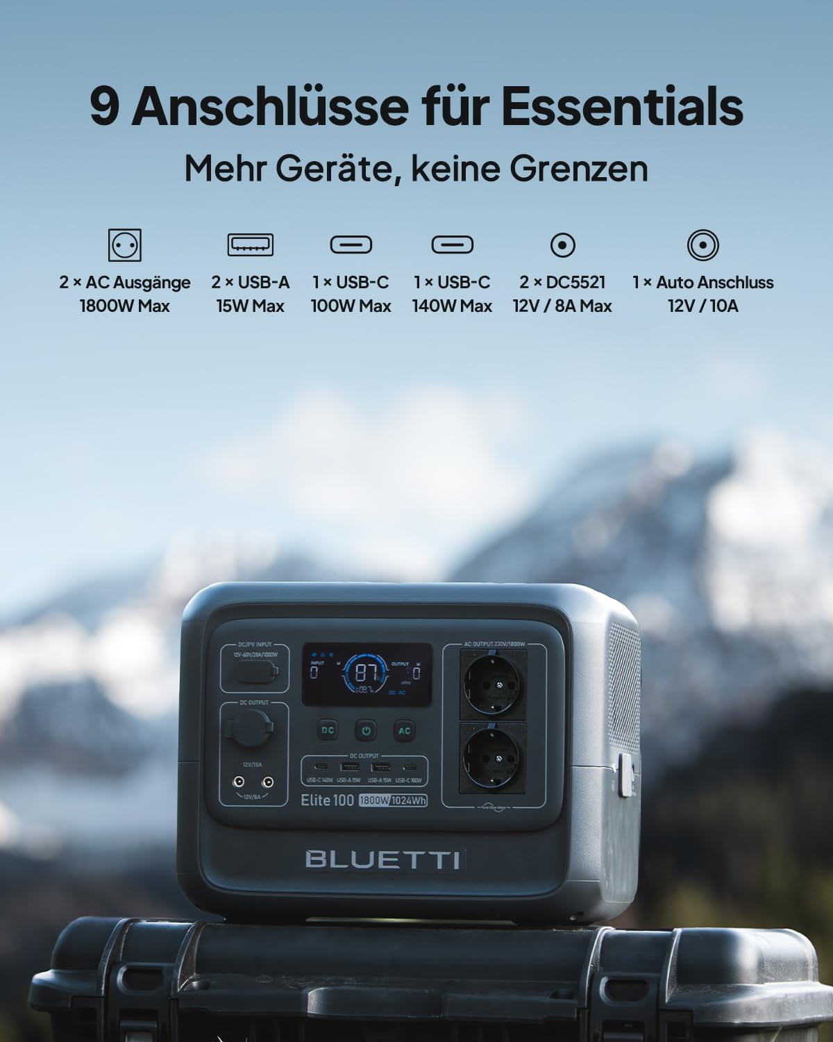 BLUETTI Solargenerator Elite 100 V2 mit 100 W Solarpanel, 1024 Wh tragbares Kraftwerk mit 2 1800 W AC-Ausgängen, 35 % kleiner, ideal für Camping, Notfälle, Backup – Bild 4