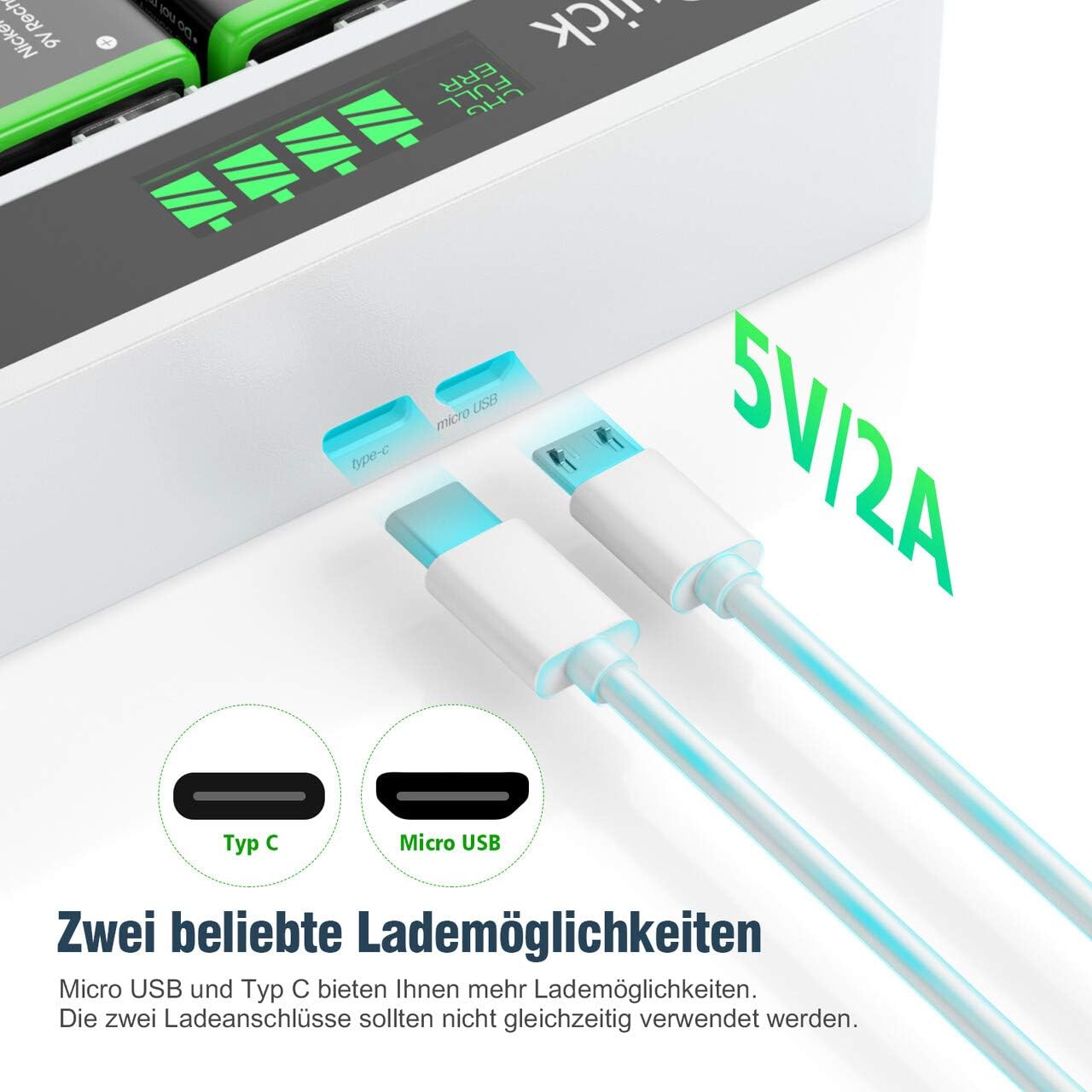 HiQuick 9V Akkuladegerät, Ladegerät für 9V Ni-Mh/Li-Ionen-Akkus, für wiederaufladbare PP3-Akkus, 4 Ladeplätze mit LCD-Display – Bild 5