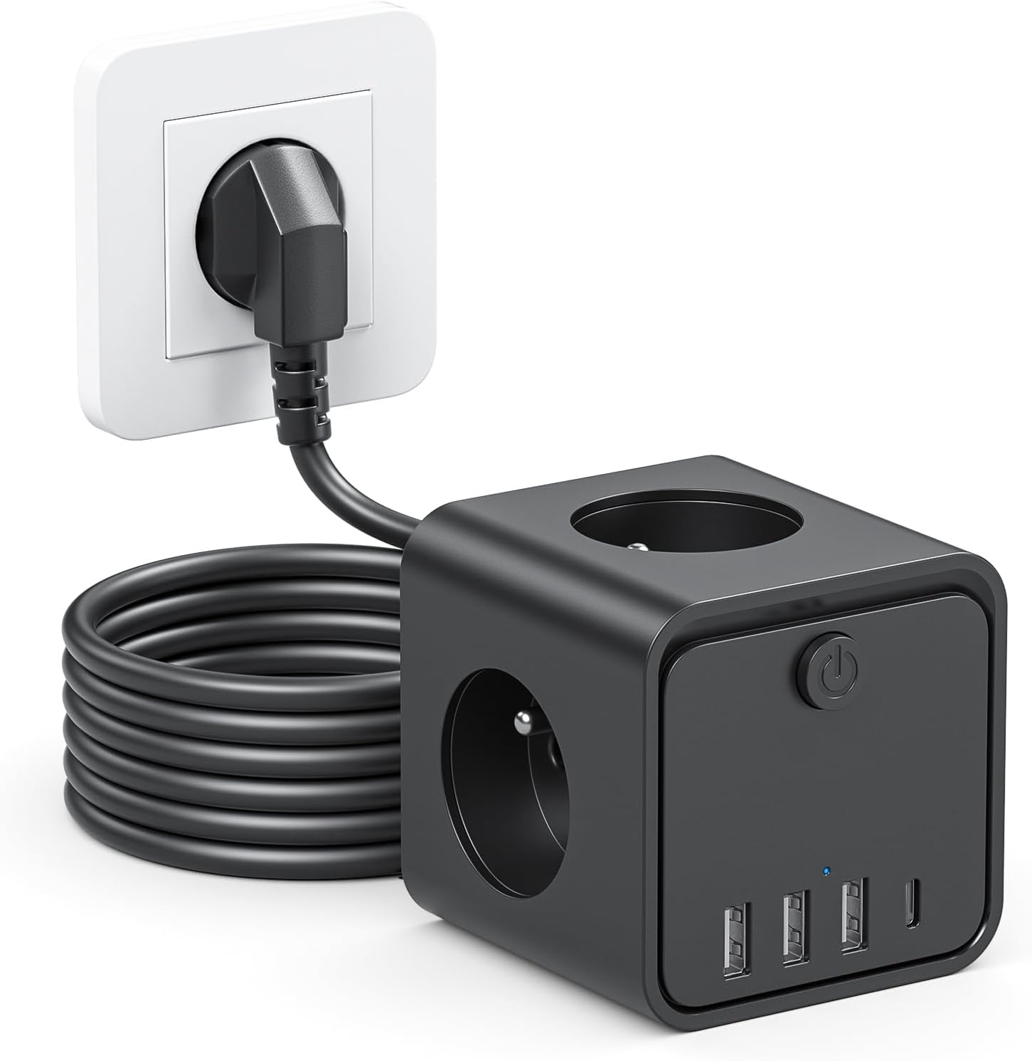 Steckdosenwürfel mit USB, 7-in-1 Steckdosenleiste mit schaltbar, 3-fach Mehrfachsteckdose mit 4 USB, Mehrfachstecker mit Energiesparschalter, 2 m Verlängerungskabel für Büro, Zuhause