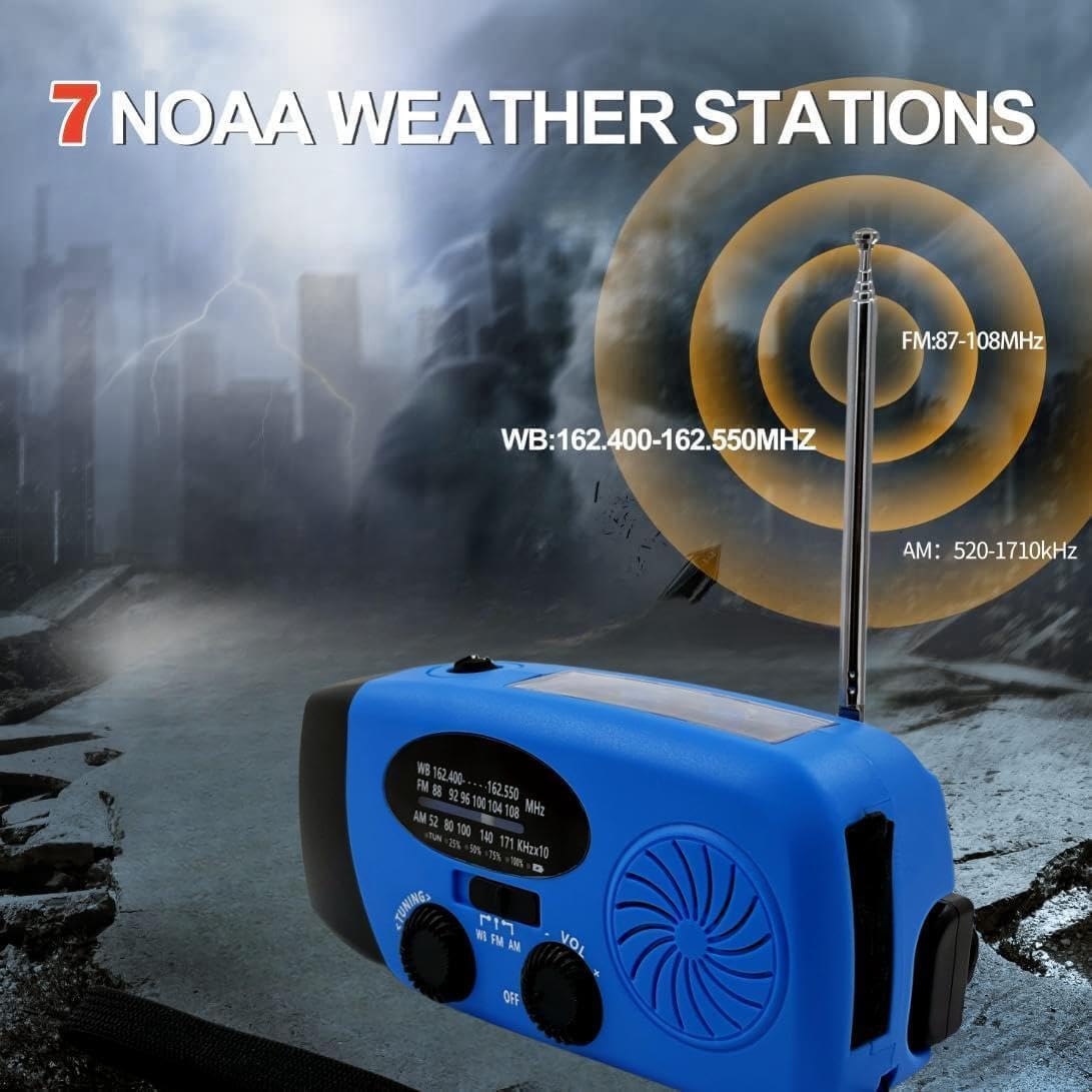 iRonsnow Notfall-Solarradio, tragbares Kurbelradio mit LED-Taschenlampe, wiederaufladbares 5000-mAh-Netzteil, SOS-Alarm, AM/FM-Solarwindradio, USB-Ladegerät für Wandern, Camping (5000 mAh, blau) – Bild 8