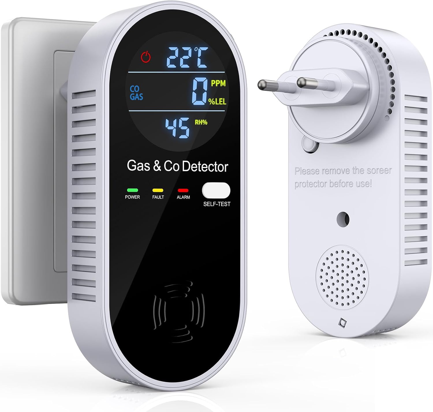 Kohlenmonoxid-Detektor & Gasdetektor 4-in-1 – Plug-and-Play ohne Wandschäden, akustischer und optischer Alarm – für Zuhause, Garage, Werkstatt, Baustelle – tragbarer CO-Detektor – YEREADW