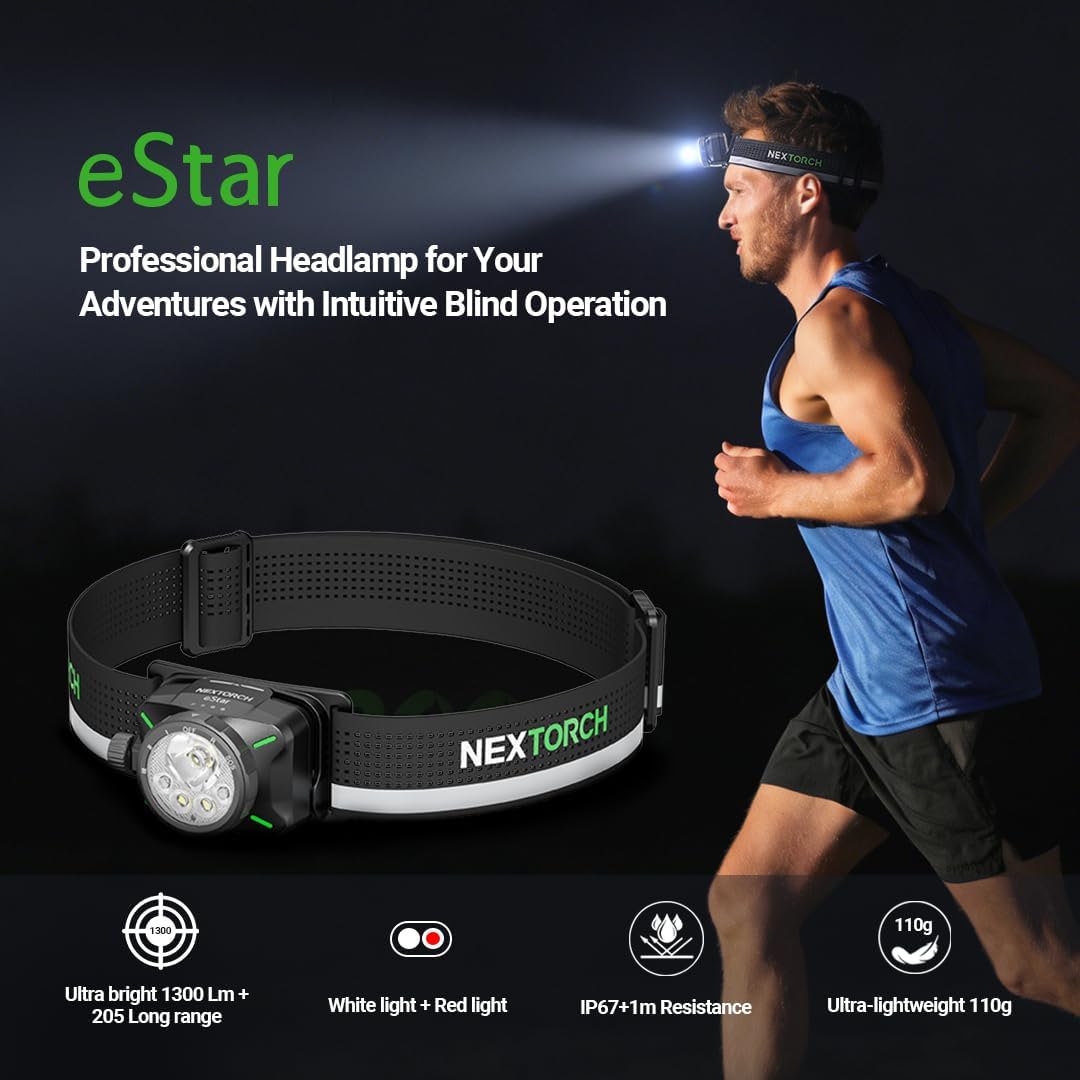 NEXTORCH eStar Stirnlampe, 1300 Lumen, wiederaufladbare LED-Stirnlampe, ultraleicht mit rotem Licht, wasserdichtes Stirnband für Outdoor, Camping, Wandern, Laufen & Joggen & Arbeit, 2 x 1200 mAh Akkus, USB-C – Bild 2
