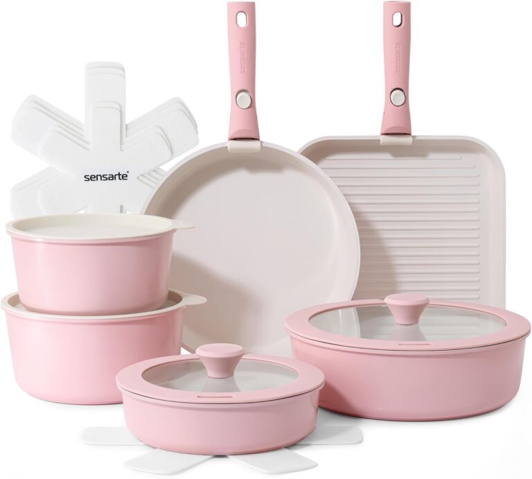 SENSARTE Keramik-Topfsets, Pfannenset, 17-teilig, Antihaft-Kochgeschirr mit abnehmbarem Griff, für alle Herdarten geeignet, spülmaschinenfest, ofenfest (Rosa)