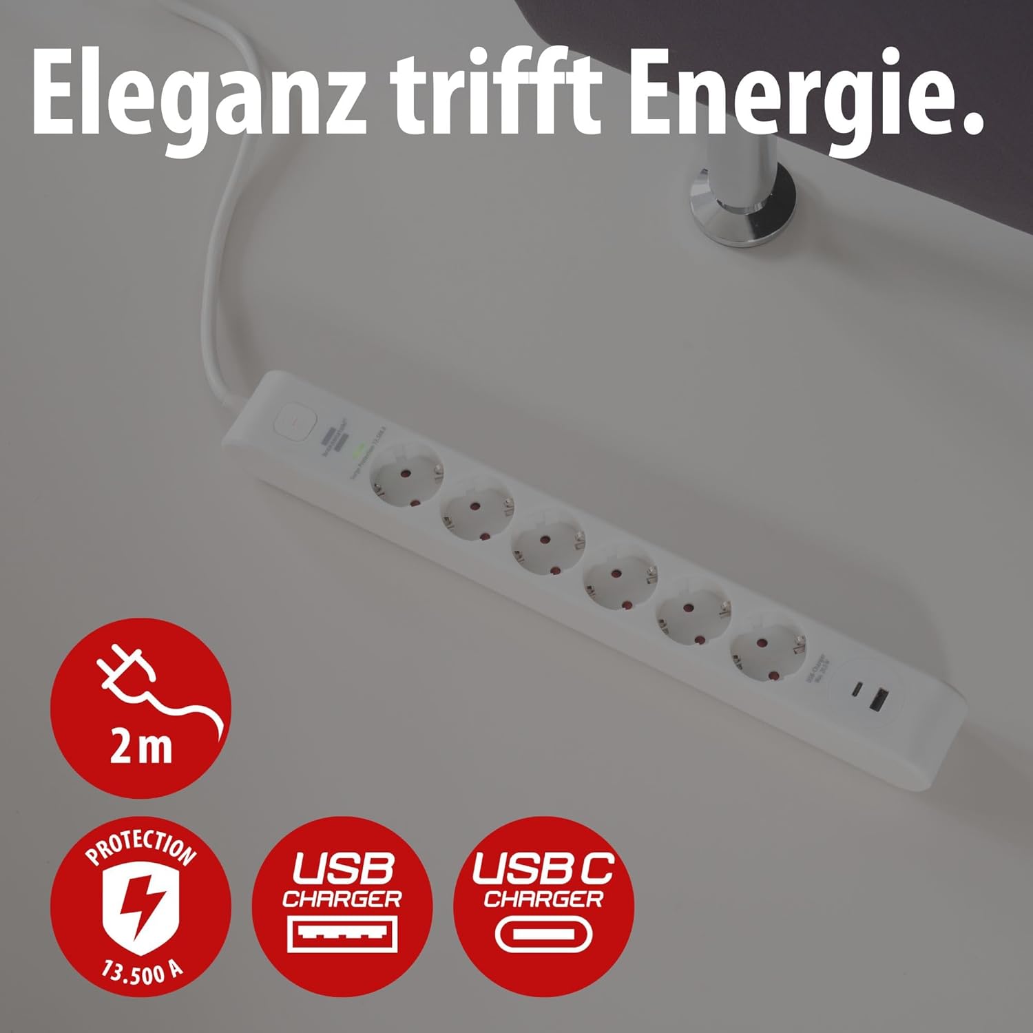 Brennenstuhl 6-fach Steckdosenleiste mit USB und Überspannungsschutz | Mehrfachsteckdose mit 1 x USB C PD 20 W zum Schnellladen und 1 x USB A 20 W, Schalter, 2 m Kabel, weiß