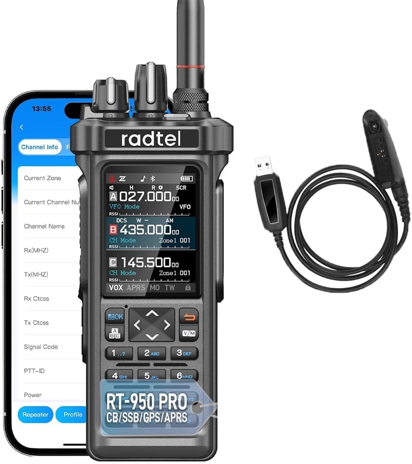 Radtel RT-950 PRO Amateurfunk, GPS/APRS, 10 W Walkie Talkie, Handfunkgerät mit großer Reichweite, AM/FM/CB/SW/MW/LW RX, Bluetooth-App-Programmierung, NOAA, Spektrumanalysator (mit Prog