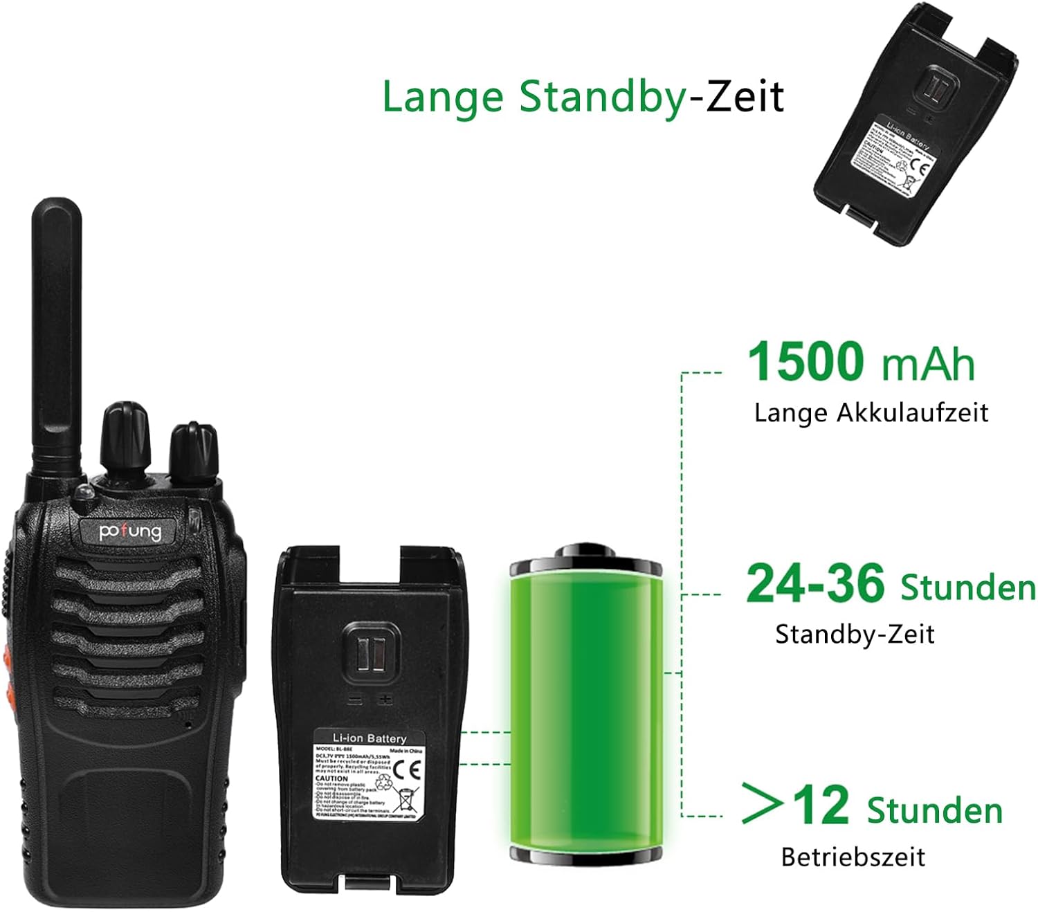 Walkie Talkie PMR446 lizenzfreies Zwei-Wege-Radio, pofung PT88E 16 Kanäle, professionelle wiederaufladbare USB-Ladestation mit großer Reichweite und Ohrhörer, Schwarz, 4 Stück – Bild 6