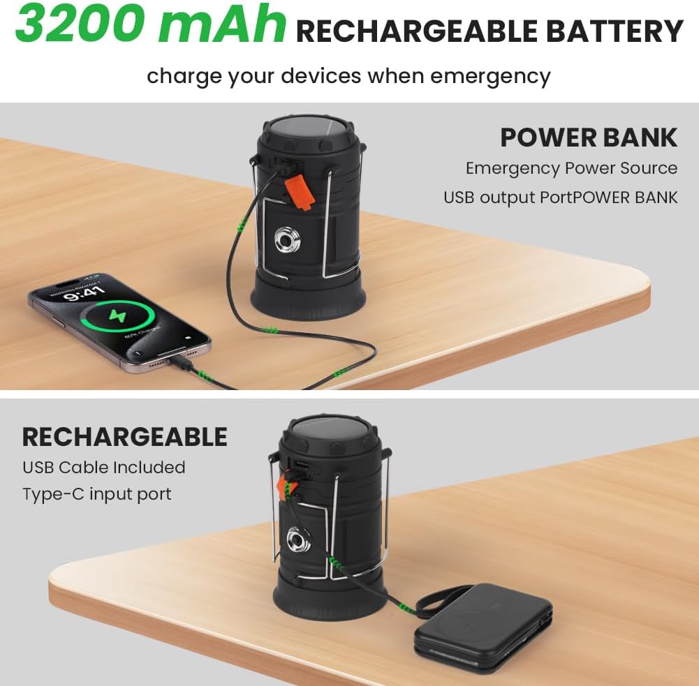 HOTUT LED-Solar-Campinglampe, 3200 mAh, faltbare Camping-Lichtlaterne, wasserdichte Solar-Campinglaterne mit Handkurbel, USB und Kurbelaufladung, Notlicht für Wandern, Angeln, SOS, Ausfälle – Bild 6