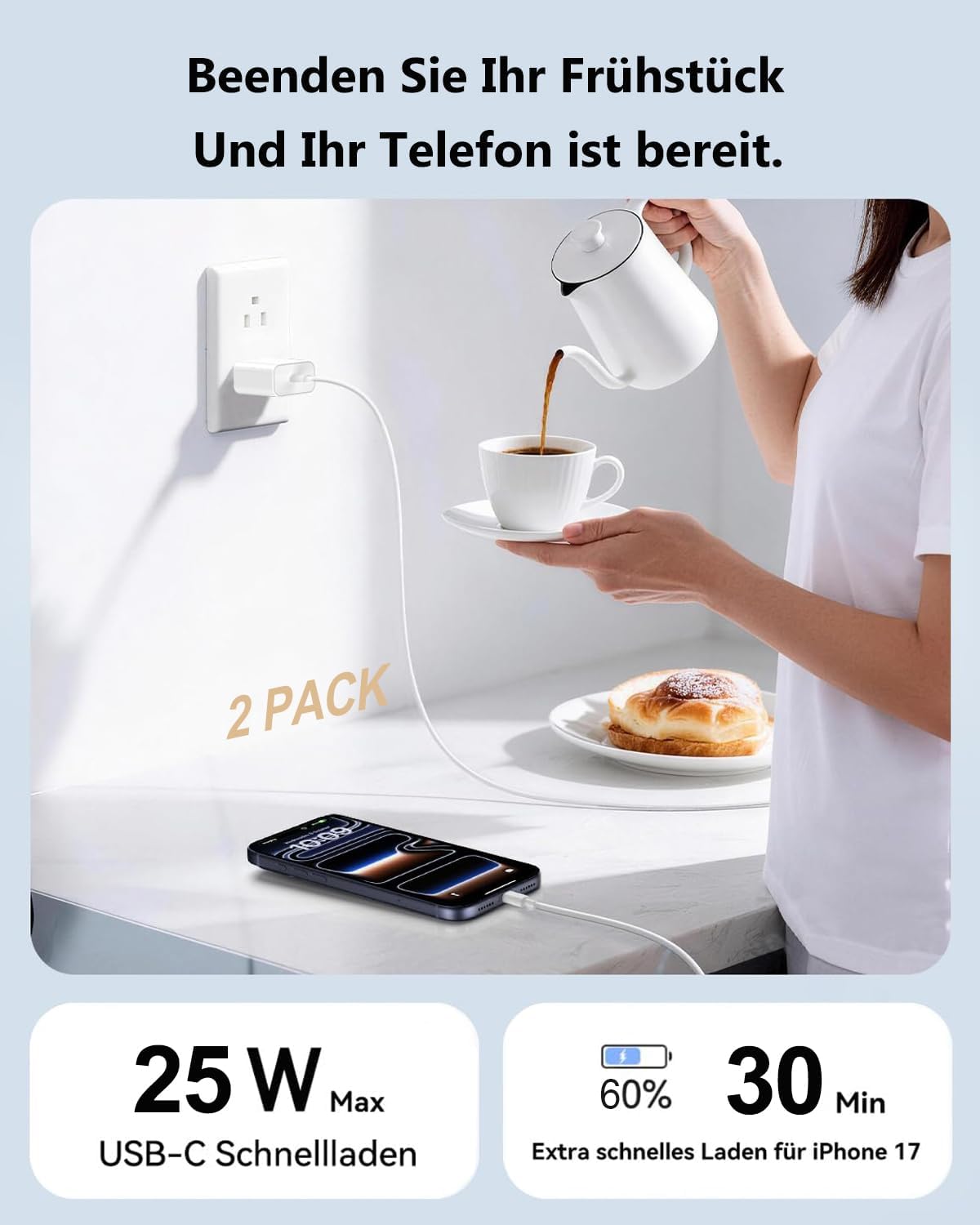 USB C Ladegerät Schnellladekabel für iPhone 17 16 15 Pro Max Plus/17 Air/17e/16e, iPad Pro/Air Mini/10.11. Generation, 2er Pack 25W USBC Schnellladegerät 2M Kabel Ladegerät Adapter Netzteil Stecker – Bild 3