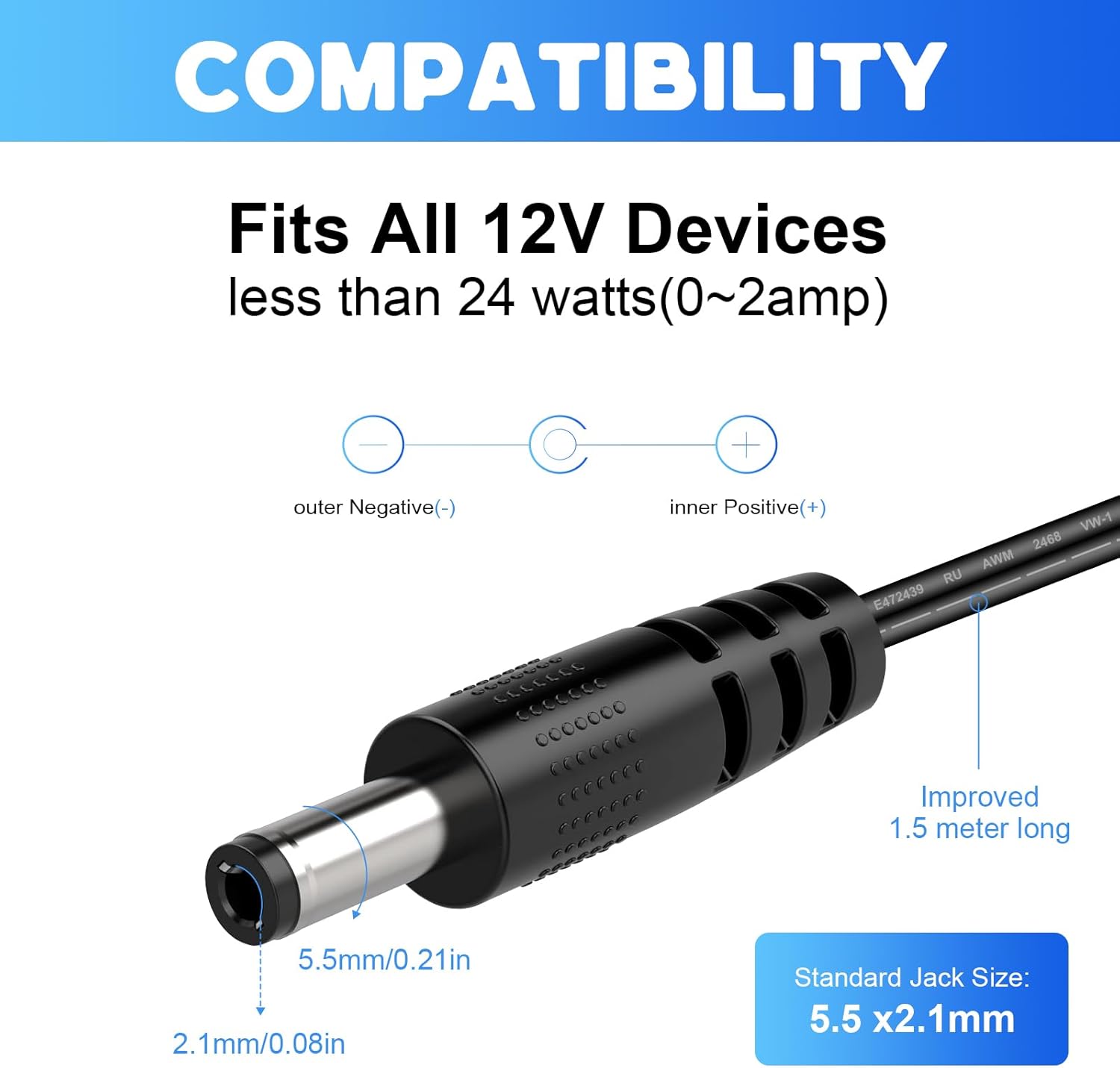 12-V-Netzteil 2 A, AC-Adapter-Netzteileingang 200–240 V, 24 W 12-V-Netzteil für LED-Streifen, Transformator, IP-Kamera, externe Festplatte – Bild 4