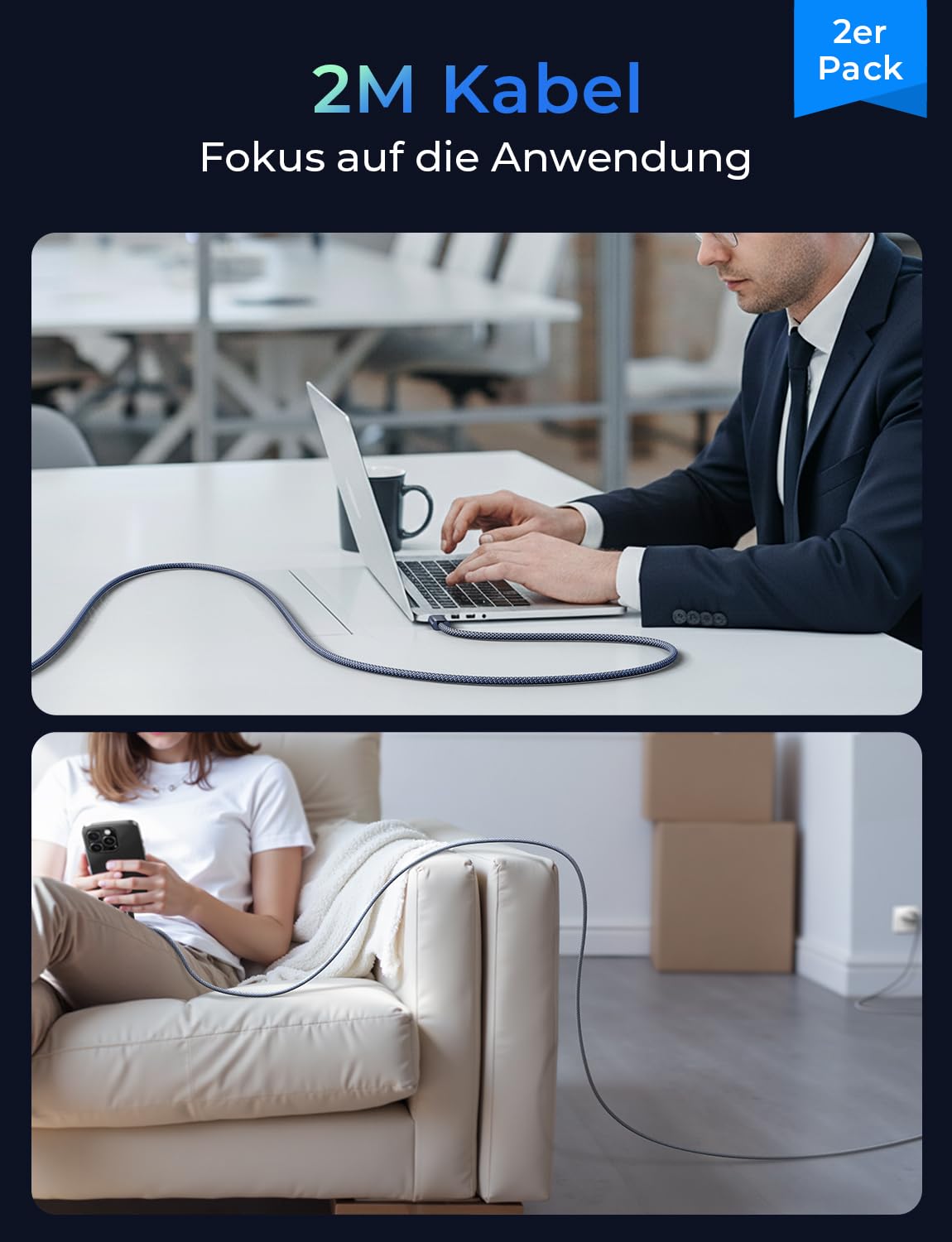 LISEN 240 W USB-C auf USB-C Kabel, 2 m, 2 Stück, iPhone 17 Pro, Samsung Schnellladekabel, PD3.1 Ladekabel USB-C, Galaxy S25/S24, iPhone 16/15 Pro Max, Xiaomi, MacBook Pro/Air, iPad, Dunkelblau | Für MacBook/iPad/iPhone/Samsung, integrierter E-Marker-Chip + 48-faches Geflecht, abwärtskompatibel mit allen USB-C-Geräten – Bild 8