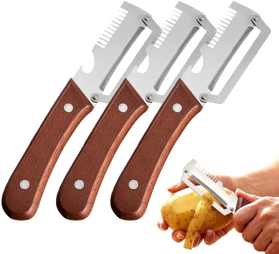3-in-1-Schäler mit Holzgriff, multifunktionaler Gemüseschäler, Edelstahlklinge, Julienneschneider und Flaschenöffner, inklusive Reinigungsbürste (3 Stück)