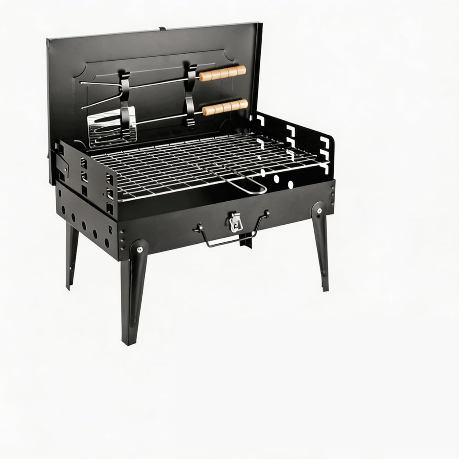 Holzkohlegrill mit Deckel und Kamin, tragbarer Outdoor-Campinggrill-Smoker mit doppelter Luftzufuhr, 2 Holzkohleschalen und Holzgriff für Garten, Terrasse und Picknick – Bild 8