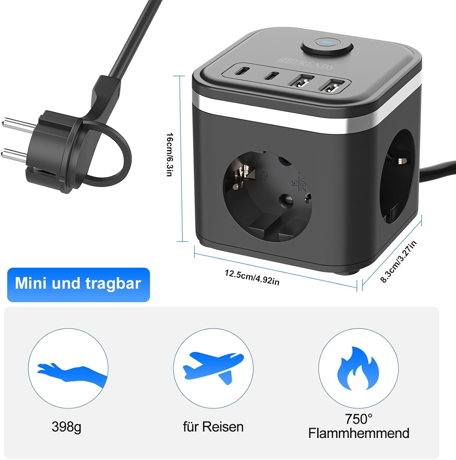 HITRENDS Steckdosenwürfel mit USB, USB-C-Steckdosenleiste, USB-C-Ladegerät, 3-Wege-Steckdose mit Schalter, tragbares PD-Ladegerät für MacBook, iPad, iPhone 16/15, Galaxy S25 Ultra, Zuhause, Büro, Reisen – Bild 7