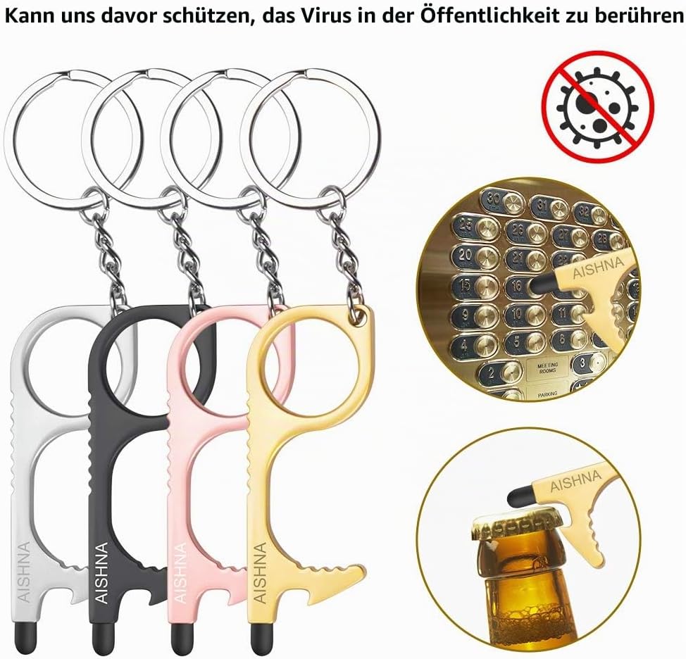 Berührungsloser Türöffner, 4er-Pack Multitool-Schlüsselanhänger mit Flaschenöffner, Stylus-Pad und Schlüsselanhänger, kontaktloses Türgriff-Werkzeug, Metall und Zink – Bild 5