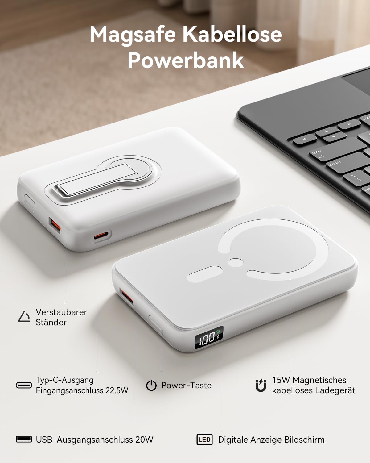 Powerbank für Magsafe, 12000 mAh kabellose Powerbank mit 22,5 W PD USB-A Ausgang, magnetische externe Handy-Akkus mit LED-Anzeige, Typ-C Eingang & Ausgang für iPhone 17/16/15/14/13/12/Pro/Pro – Bild 5