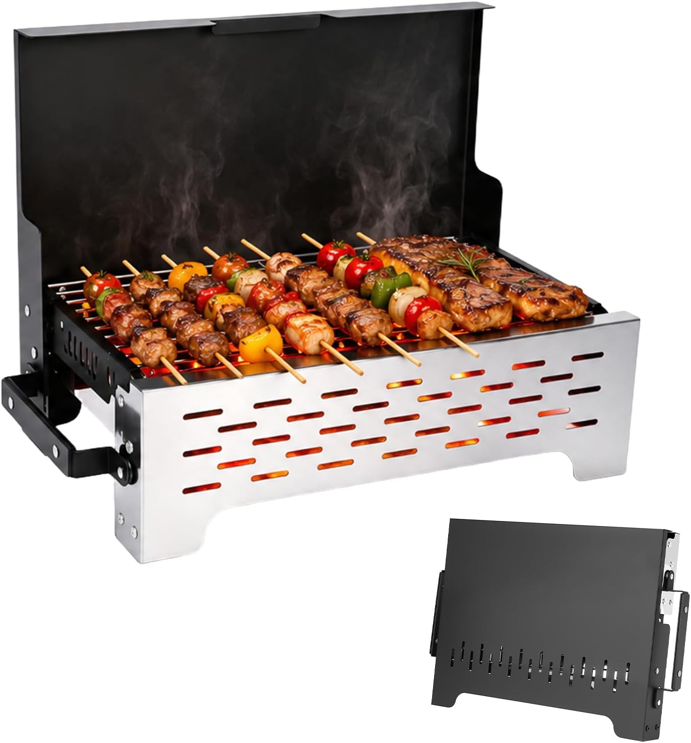 GFTIME Klappgrill mit Tasche, Holzkohlegrill, Tischgrill für Grillen im Freien, tragbarer faltbarer Grill aus Edelstahl mit Tragetasche für Camping, Picknick, Kochen im Garten und Terrasse