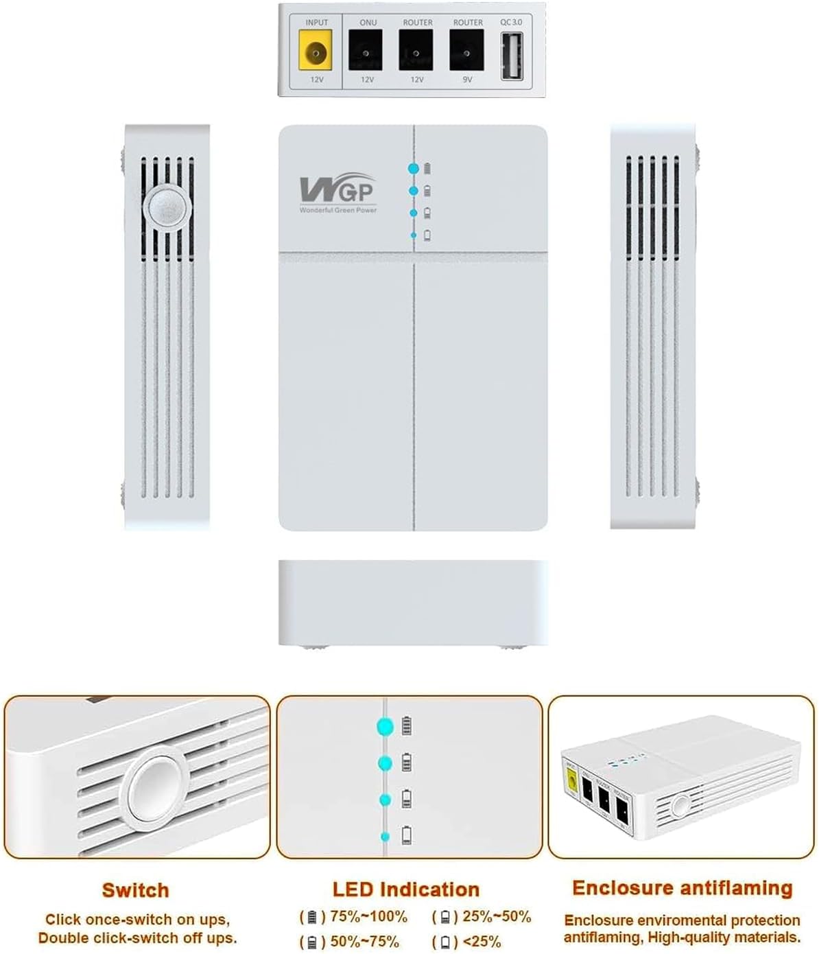 12 V DC Mini-USV, unterbrechungsfreie Stromversorgung, Batterie, 13500 mAh, Batterie-Backup-Powerbank mit Ausgang DC 9 V, 12 V, USB, 5 V für WLAN-Router, ONU-Modem, POE-Kamera, Alarmtelefon – Bild 2