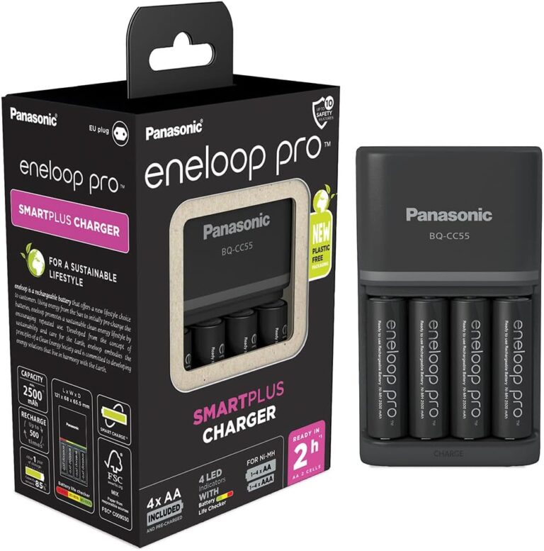 Panasonic eneloop SmartPlus Ladegerät für 1–4 AA/AAA NI-MH-Akkus, mit 4 LED-Anzeigen und 10 Sicherheitsfunktionen, inkl. AA/Mignon-Akkus, min. 2500 mAh, schwarz, K-KJ55HCD40E