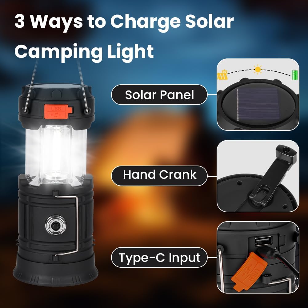 HOTUT LED-Solar-Campinglampe, 3200 mAh, faltbare Camping-Lichtlaterne, wasserdichte Solar-Campinglaterne mit Handkurbel, USB und Kurbelaufladung, Notlicht für Wandern, Angeln, SOS, Ausfälle – Bild 3