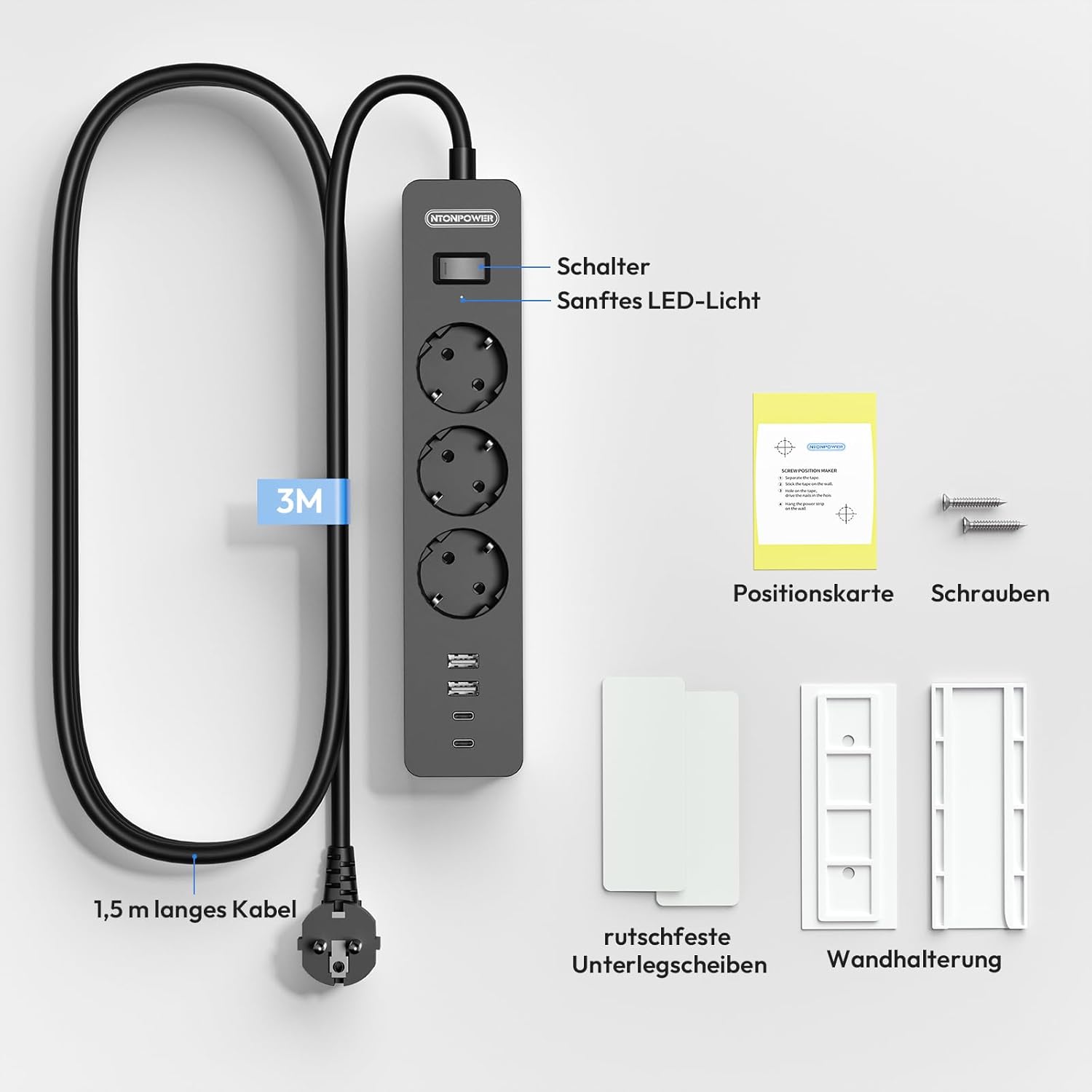 Ntonpower 3m Steckdosenleiste mit USB, Mehrfachsteckdose, Überspannungsschutz, Wandmontage - Kleber verwenden, langes Verlängerungskabel, Kindersicherung – Bild 8