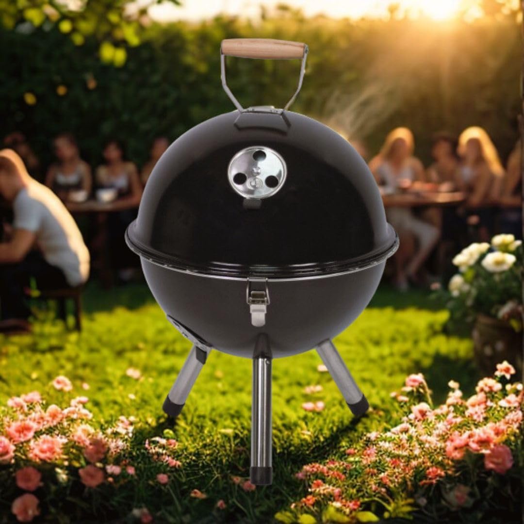 Nexos BBQ Mini-Kugelgrill Ø 29 cm – kompakter Holzkohlegrill mit Deckel & Rost – runder Grill für Garten, Camping, Festival, Balkon – schwarz – tragbar und leicht