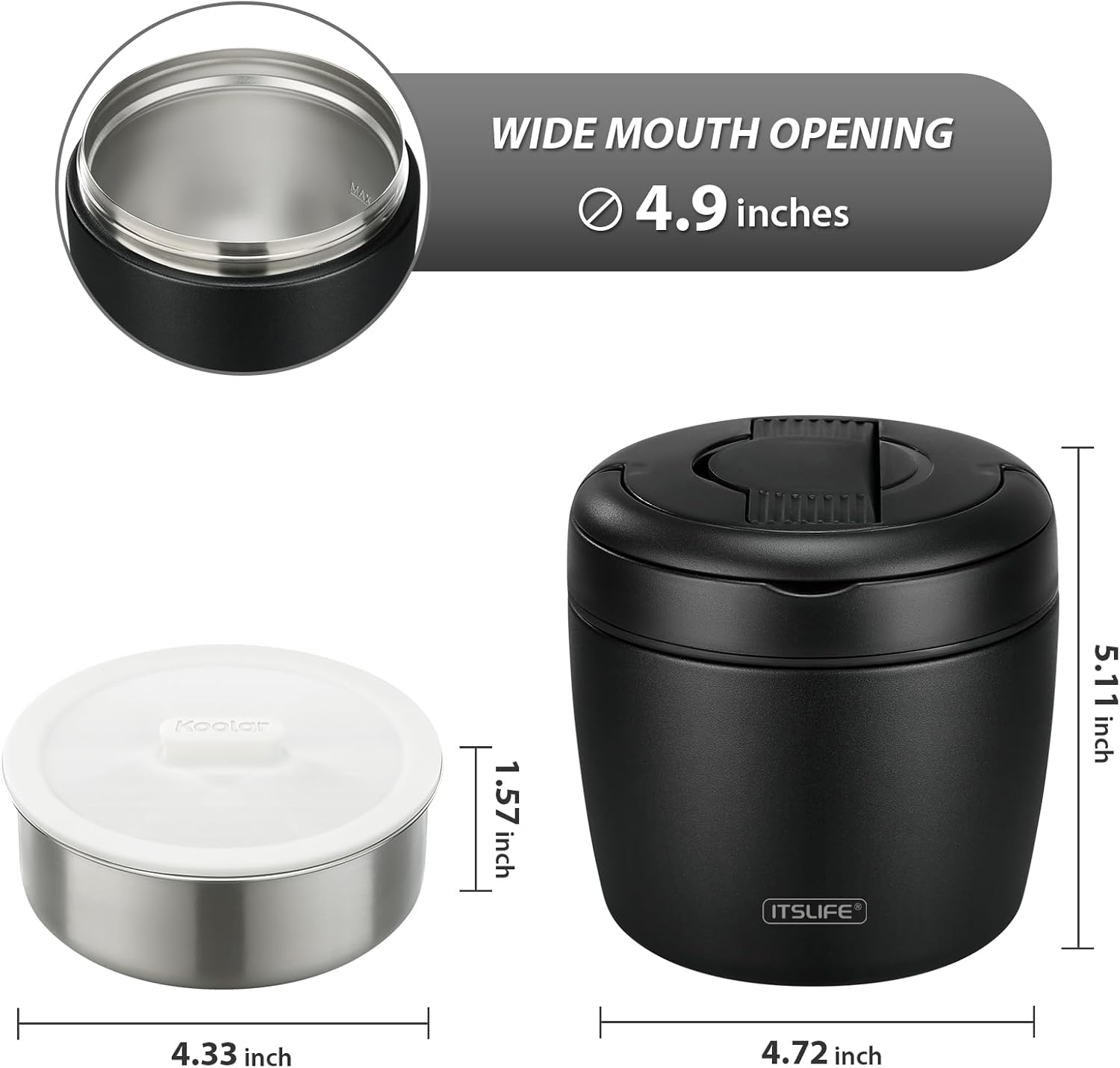 Thermobehälter für Speisen 970 ml, Thermoschüssel mit Deckel, Warmhaltebehälter aus Edelstahl mit Löffel, Thermoskanne Lebensmittel auslaufsicher, Thermo-Brotdose für Suppen, Babynahrung, Brei, Schwarz – Bild 5