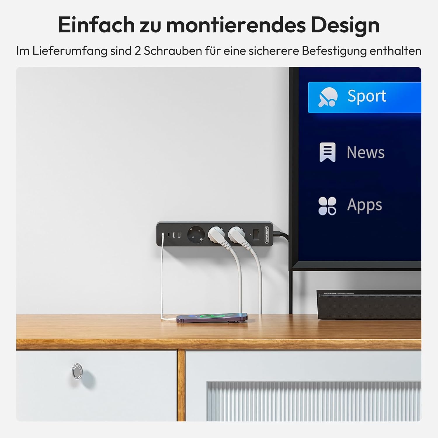 Ntonpower 3m Steckdosenleiste mit USB, Mehrfachsteckdose, Überspannungsschutz, Wandmontage - Kleber verwenden, langes Verlängerungskabel, Kindersicherung – Bild 3