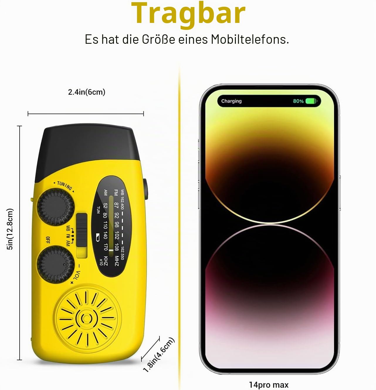 Solarradio, tragbares Kurbelradio, Dynamoradio mit AM/FM, Notfallradio mit Kurbel, 2000 mAh wiederaufladbare Powerbank, LED-Taschenlampe, USB-Handy-Ladegerät für Camping, Outdoor, Gelb – Bild 2