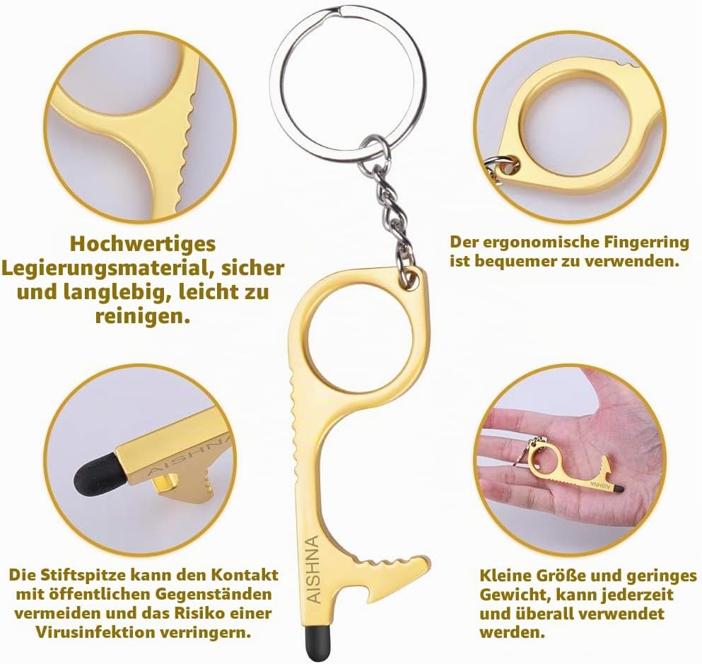 Berührungsloser Türöffner, 4er-Pack Multitool-Schlüsselanhänger mit Flaschenöffner, Stylus-Pad und Schlüsselanhänger, kontaktloses Türgriff-Werkzeug, Metall und Zink – Bild 2