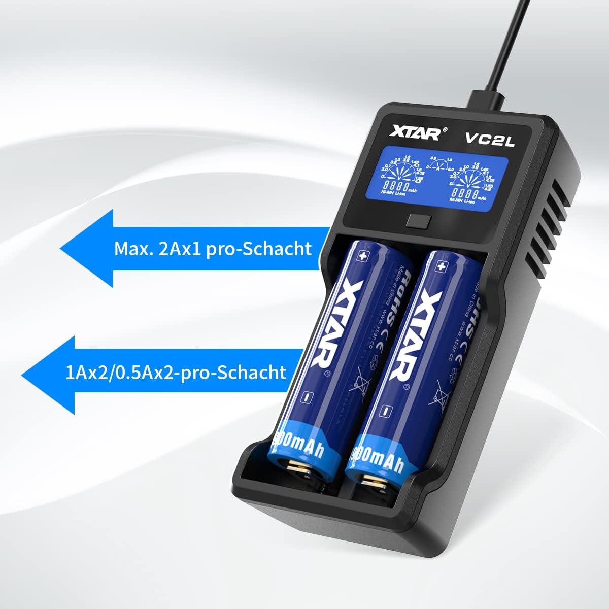 18650 Akkuladegerät XTAR VC2L, 21700 Intelligentes Ladegerät mit 2 Steckplätzen und LCD-Display, USB C Ladegerät für 3,6V 3,7V Akku und 1,2V AA AAA Akku – Bild 4