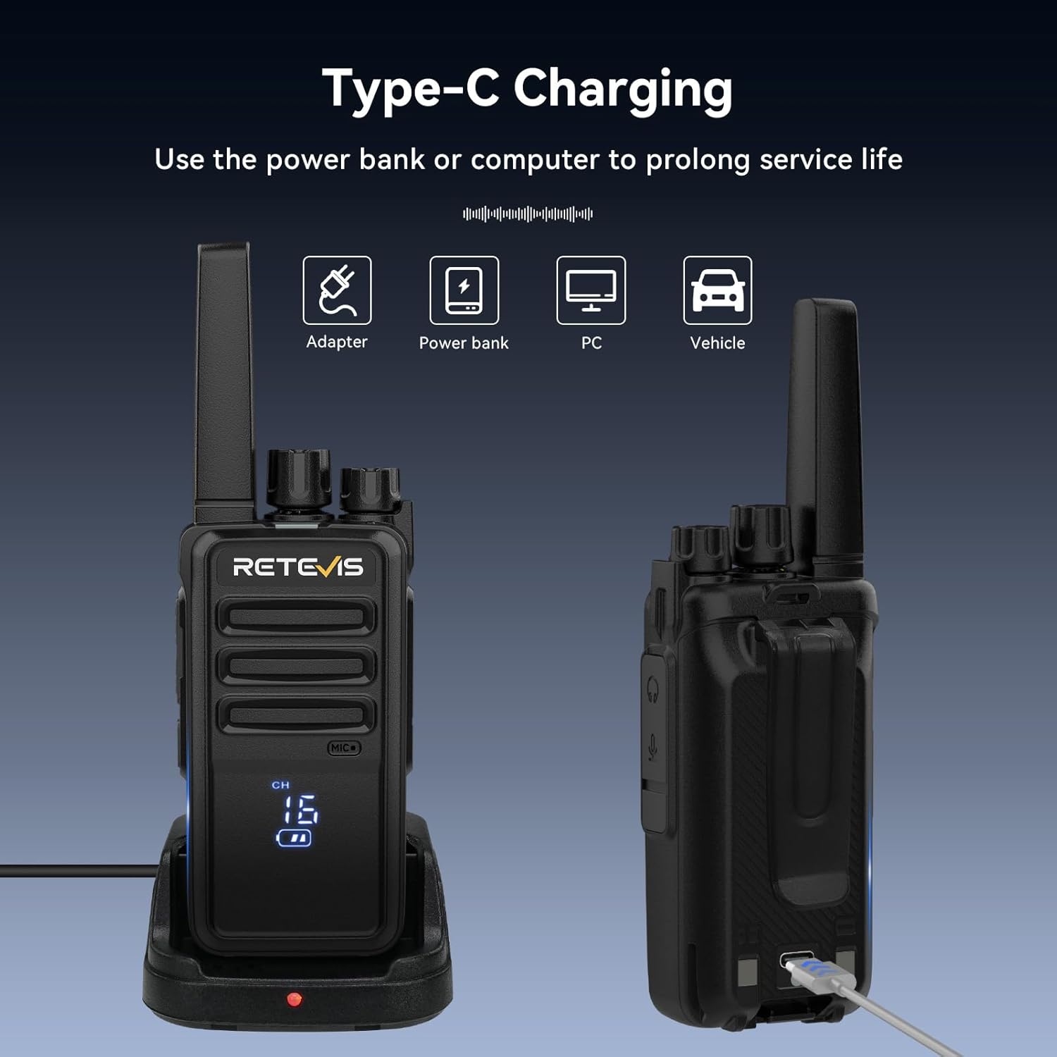 Retevis RT668H Walkie Talkie, Radio mit verstecktem Display, wiederaufladbar Typ C 1200 mAh, VOX, Geräuschunterdrückung, robust, Walki Talki für Familienfahrten, Geschenk (schwarz, 2 Stück) – Bild 5