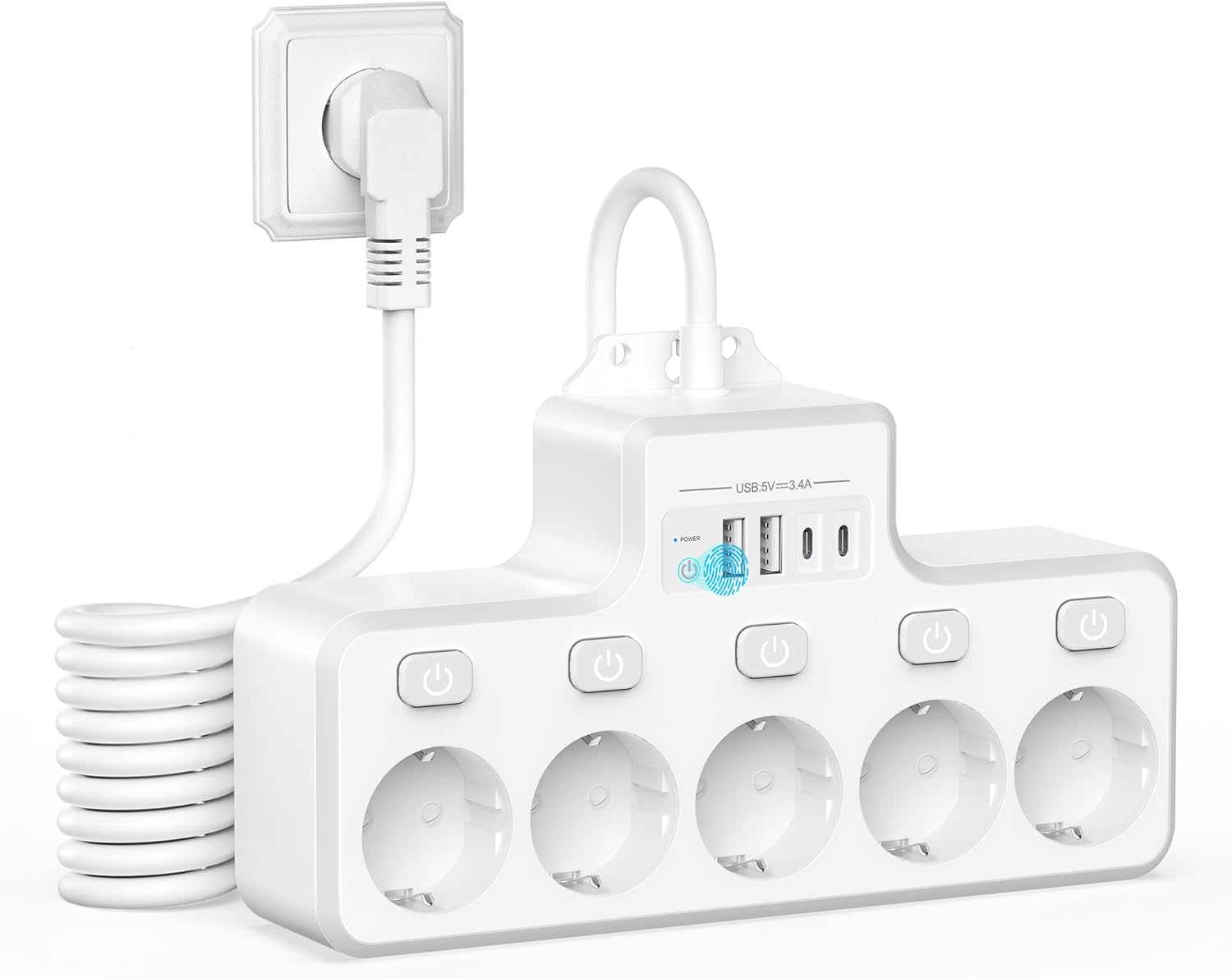 Steckdosenleiste mit Überspannungsschutz, 5-fach & einzeln schaltbar mit 2 USB-A und 2 USB-C – Wandmontage in Küche, Büro, Wohnzimmer, 1,8 m Kabel, 4000 W/16 A