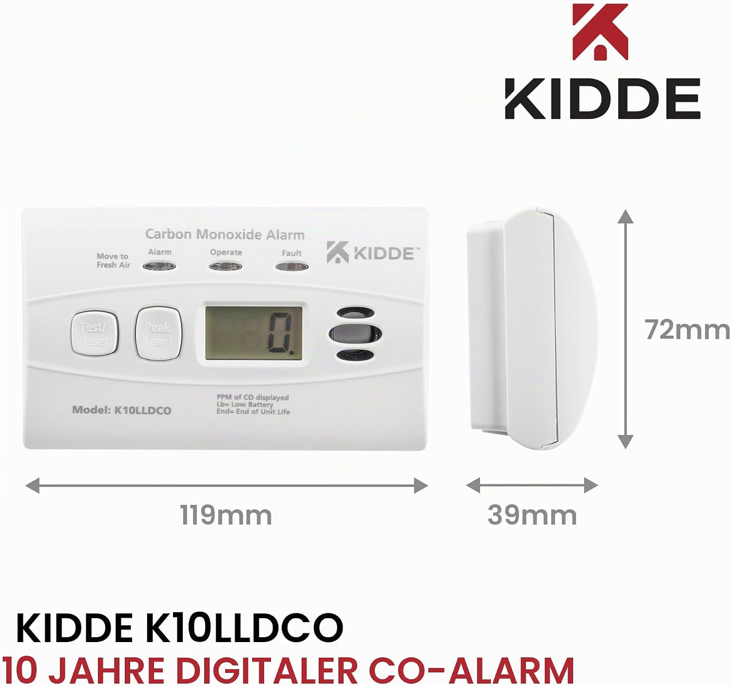 Kidde 10LLDCO Kohlenmonoxidmelder mit digitaler Anzeige und versiegelter Batterie – Bild 3