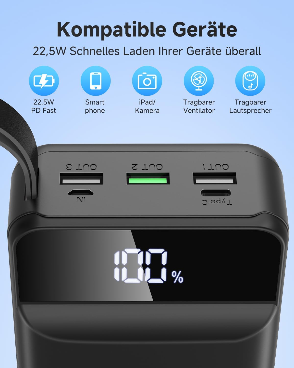 60.000 mAh Powerbank 22,5 W Powerbank PD USB-C Schnellladefunktion Externer Akku mit 4 Ausgängen und 2 Eingängen, kompatibel mit Smartphone, Tablets, Tablet etc. Schwarz – Bild 3