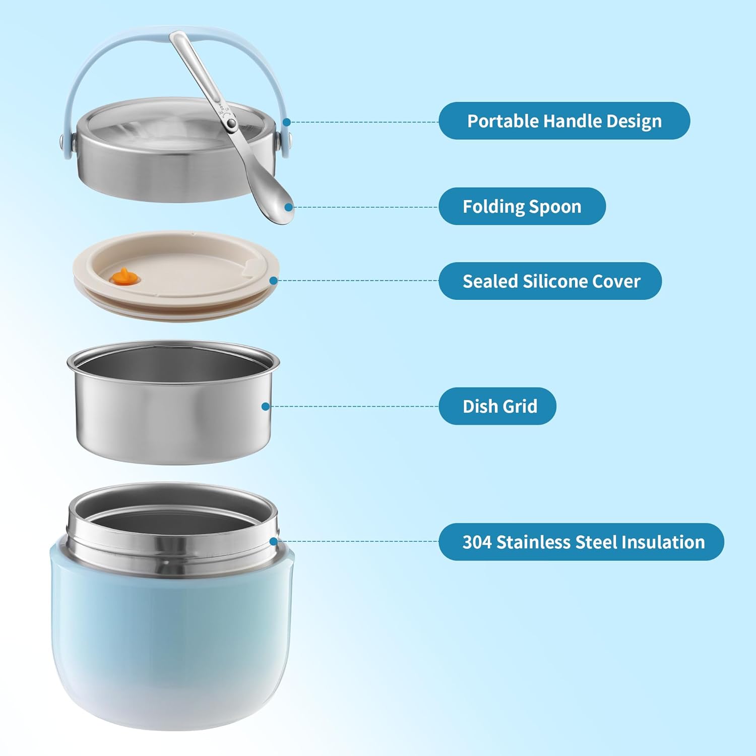Thermo-Lebensmittelbehälter 1200 ml Fassungsvermögen Warmhaltebehälter Essen Thermoschüssel mit Deckel, Thermo-Brotdose zur Aufbewahrung von Mittagessen, Suppen, Brei (Blau) – Bild 2