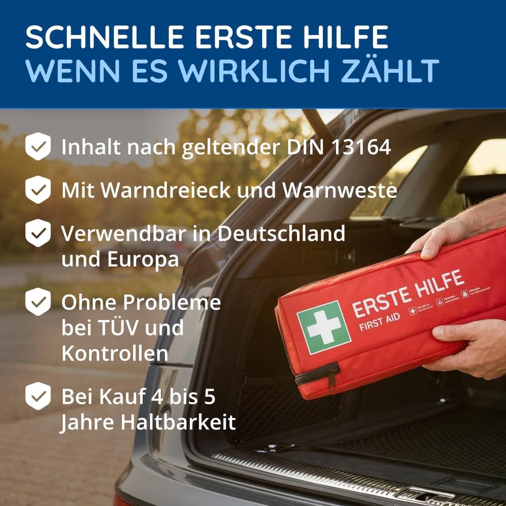 FLEXEO Auto-Verbandstasche inklusive Warndreieck und Sicherheitsweste nach aktueller DIN 13164 | Gültig für 2026, in Deutschland und der EU | Erste-Hilfe-Set für Auto/Auto | Rot | Inklusive Warndreieck, inklusive Warnweste, DIN 13164, gültig für 2026 – Bild 2