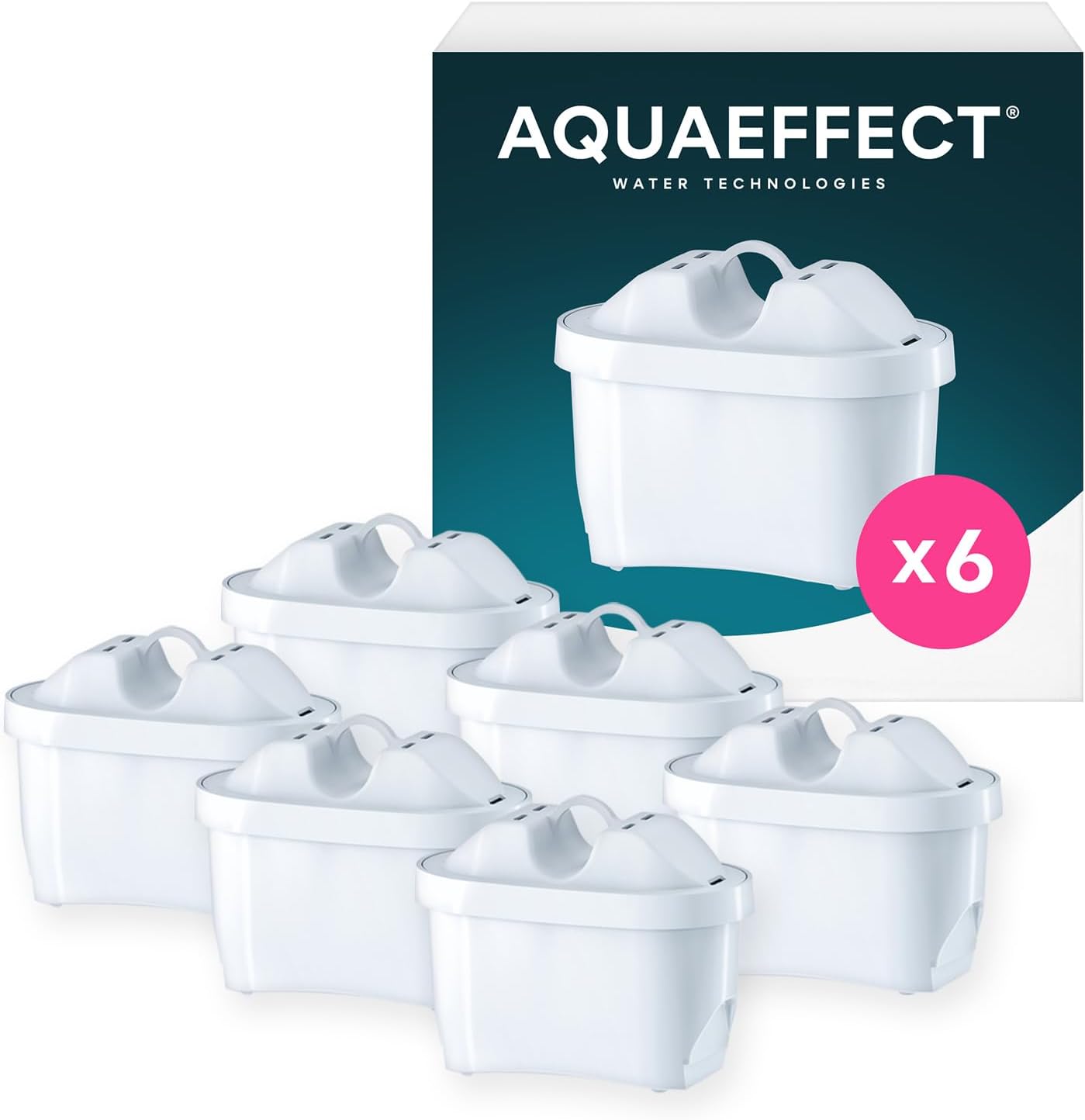 AQUAEFFECT MAX+ Wasserfilterkartuschen 6er Pack – Filterkartuschen für Wasserfilterkannen, passend für viele handelsübliche Filterkannen, gegen Kalk & Chlor