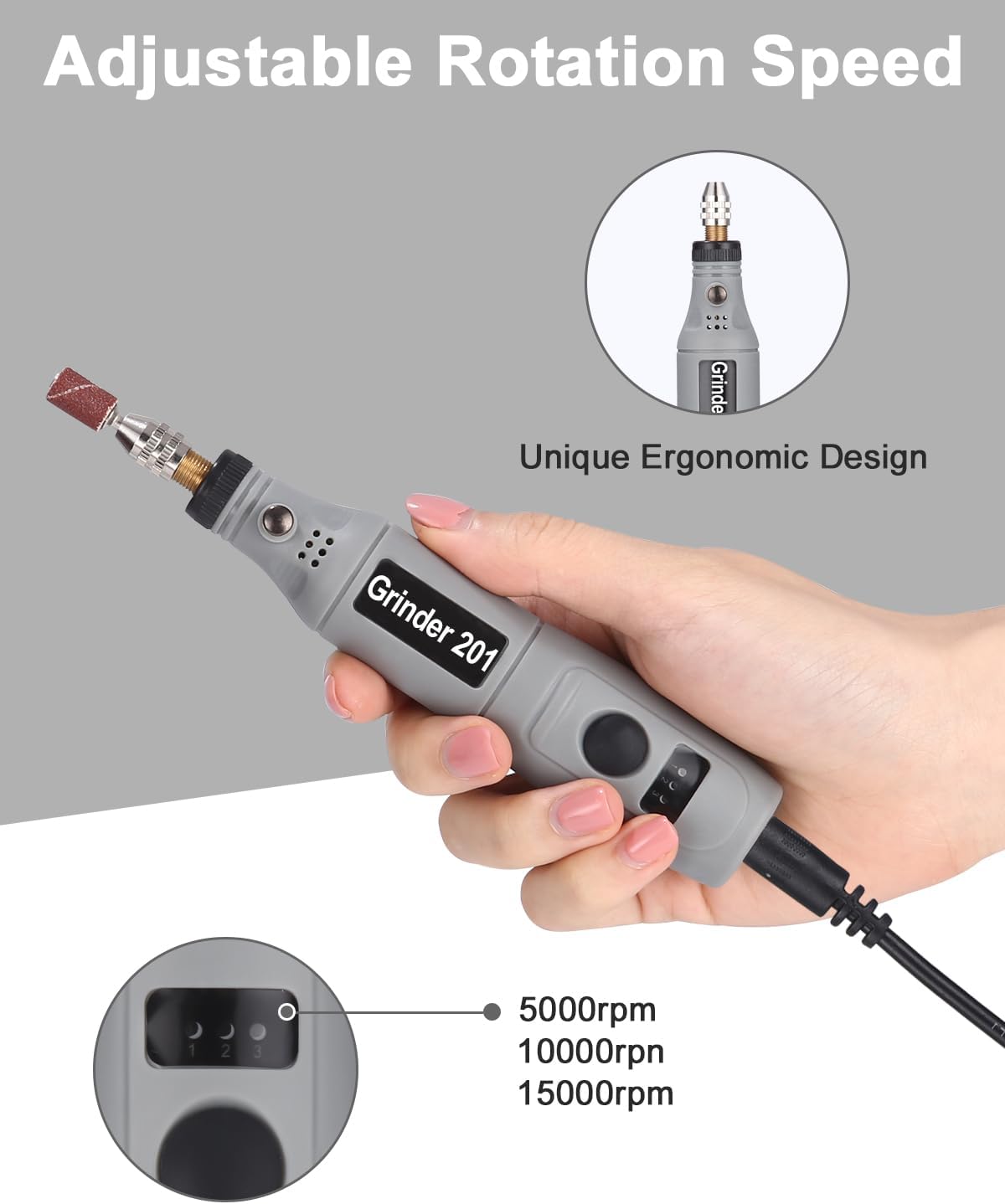 Multifunktionales Drehwerkzeug-Set mit 95 Zubehörteilen, 3 einstellbare Geschwindigkeiten, Multifunktionswerkzeug-Bohrmaschine elektrisch 5000–10000 U/min zum Gravieren, Schleifen, Polieren – Bild 3
