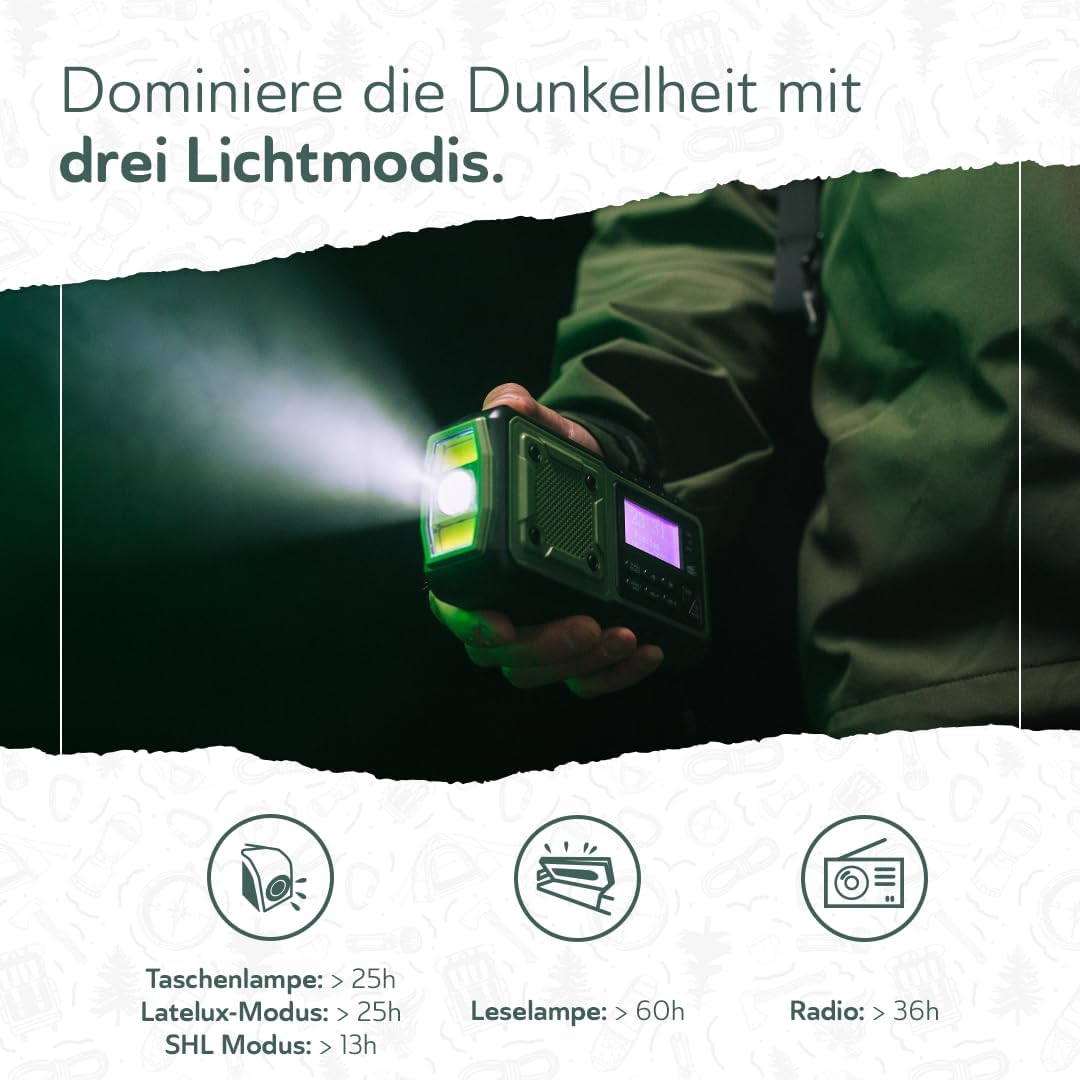 Acta Berg Kurbelradio DAB+/FM, Notfallradio, 5000 mAh Akku (Armeegrün) | Mit USB, Batteriebetrieb möglich, Notfallausrüstung für Stromausfall, integrierte Taschenlampe, Ladegerät für Mobiltelefon, Wecker – Bild 6