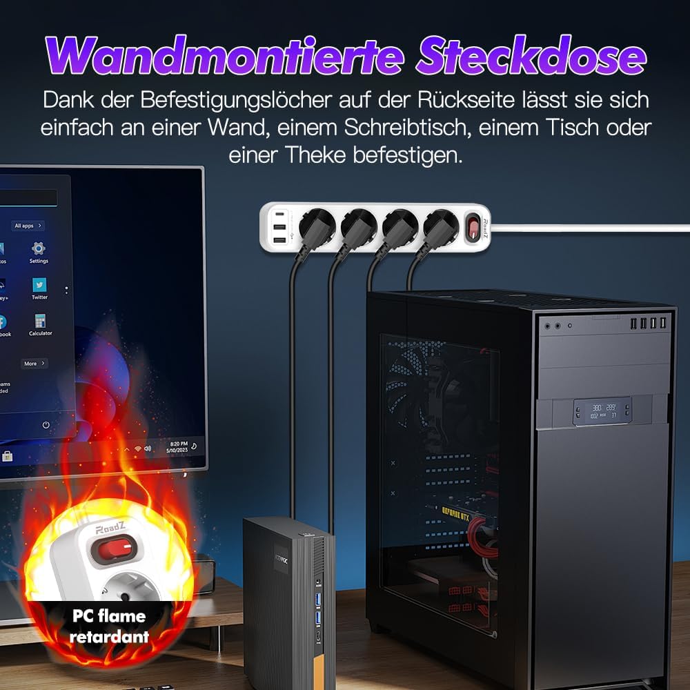 RoadZ Steckdosenleiste mit USB-Steckplatz, 6-fach-Steckdose mit 2 USB-A- und 1 USB-C-Anschluss, 1,8 Kabel langes Verlängerungskabel mit Schalter, Überspannungsschutz-Steckdosenleiste, DE-Mehrfachstecker – Bild 2