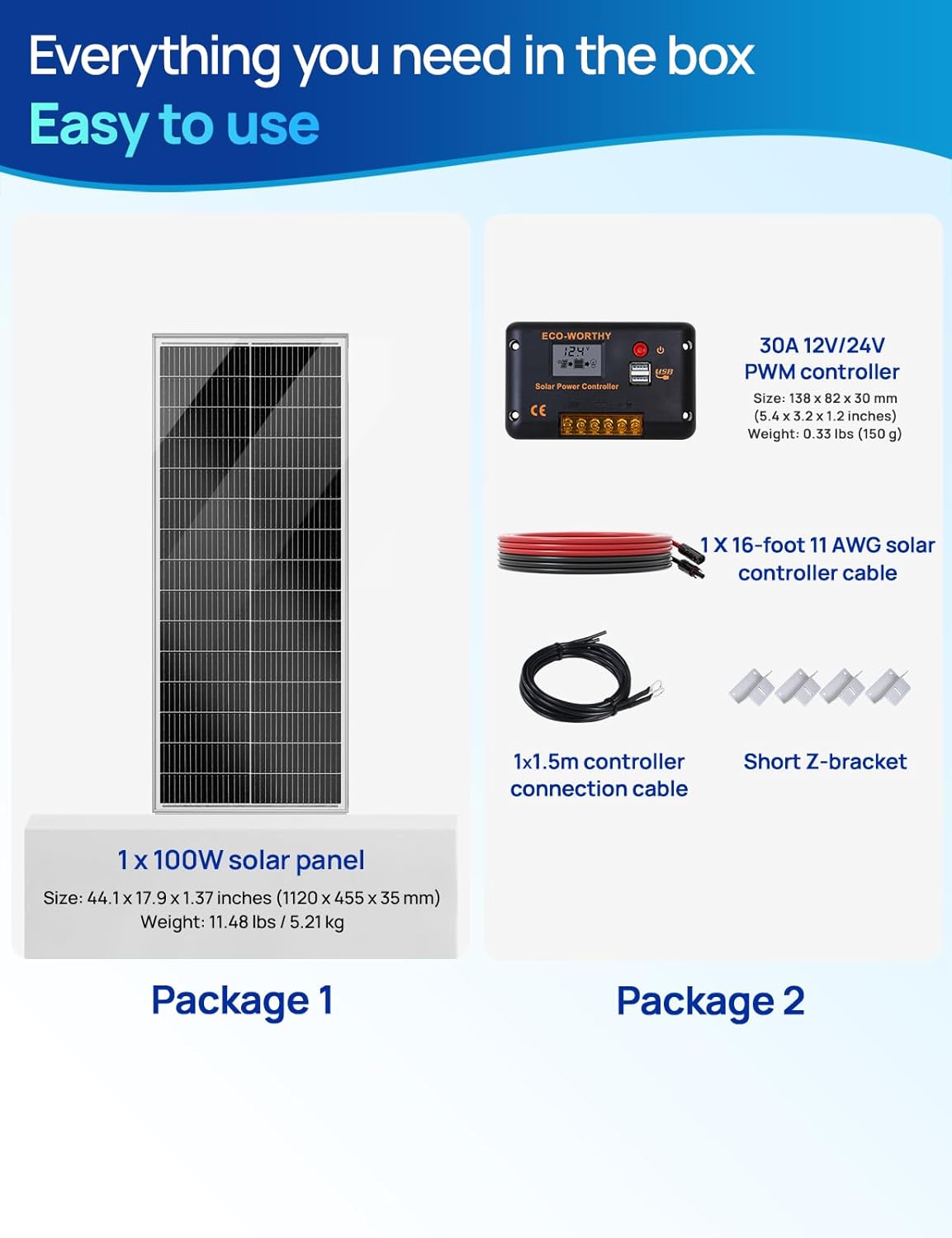 ECO-WORTHY Solarpanel-Set 100 W, 12 V, 100 W Solarmodule 18BB N-Typ, Effizienz 25 % mit 30 A Laderegler, geeignet für Wohnmobile, Boote und Solaranlagen. – Bild 3