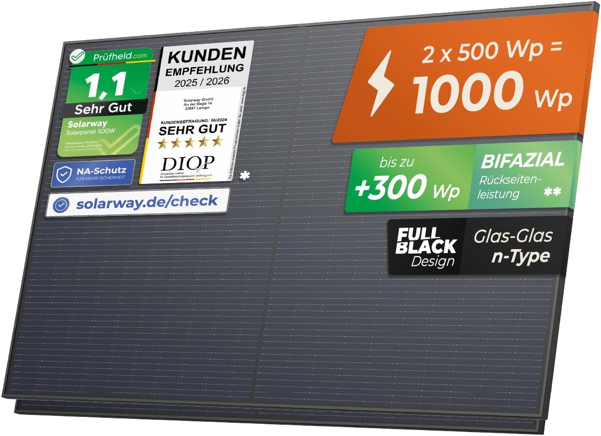 Solarway 500 W Solarpanel, vollschwarzes bifaziales Glas/Glas-PV-Panel mit positiver Leistungstoleranz von 0–5 Watt, N-Typ, geeignet für Balkonkraftwerke – Bild 2