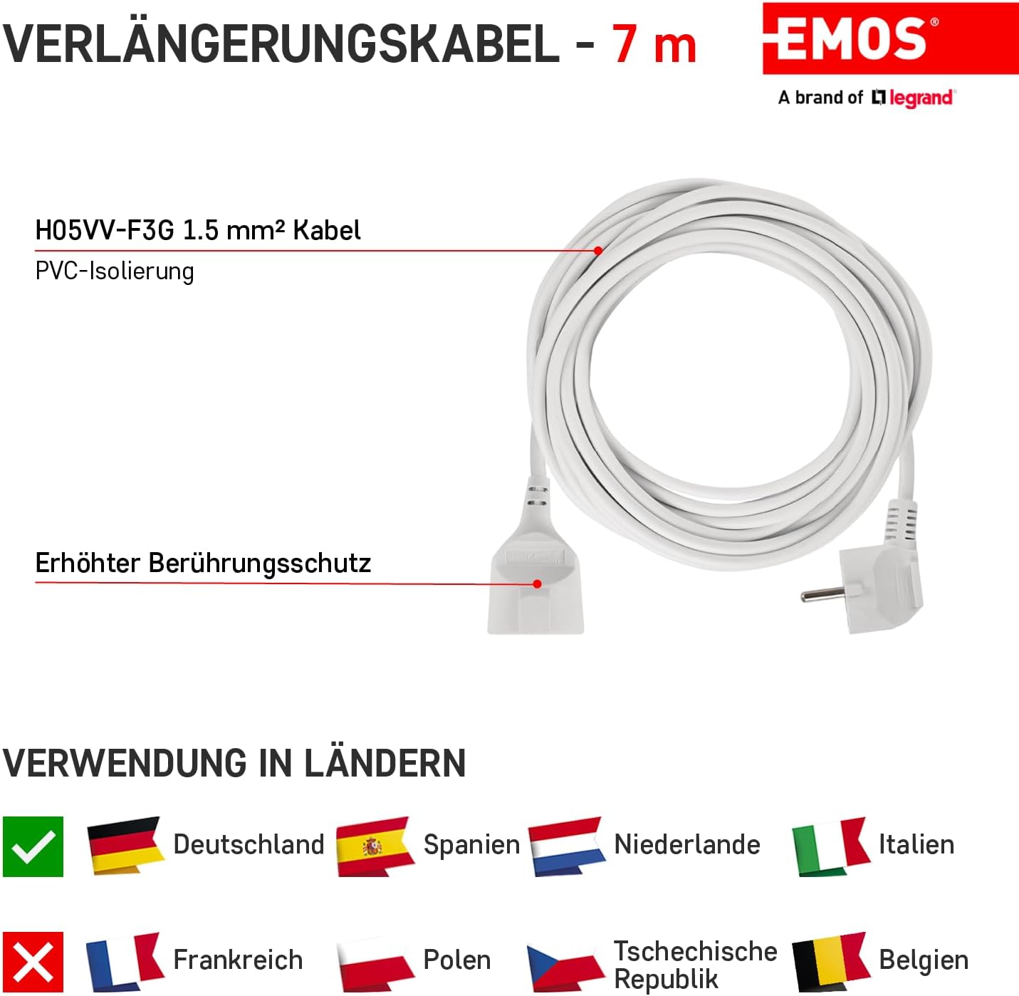 EMOS – IP20-Verlängerungskabel 7 m – 1 Schuko-Steckdose – 250 V, 16 A, 3680 W – hochwertige PVC-Isolierung – H05VV-F3G 1,5 mm2 – erhöhter Berührungsschutz – für den Innenbereich – weiß – Bild 3