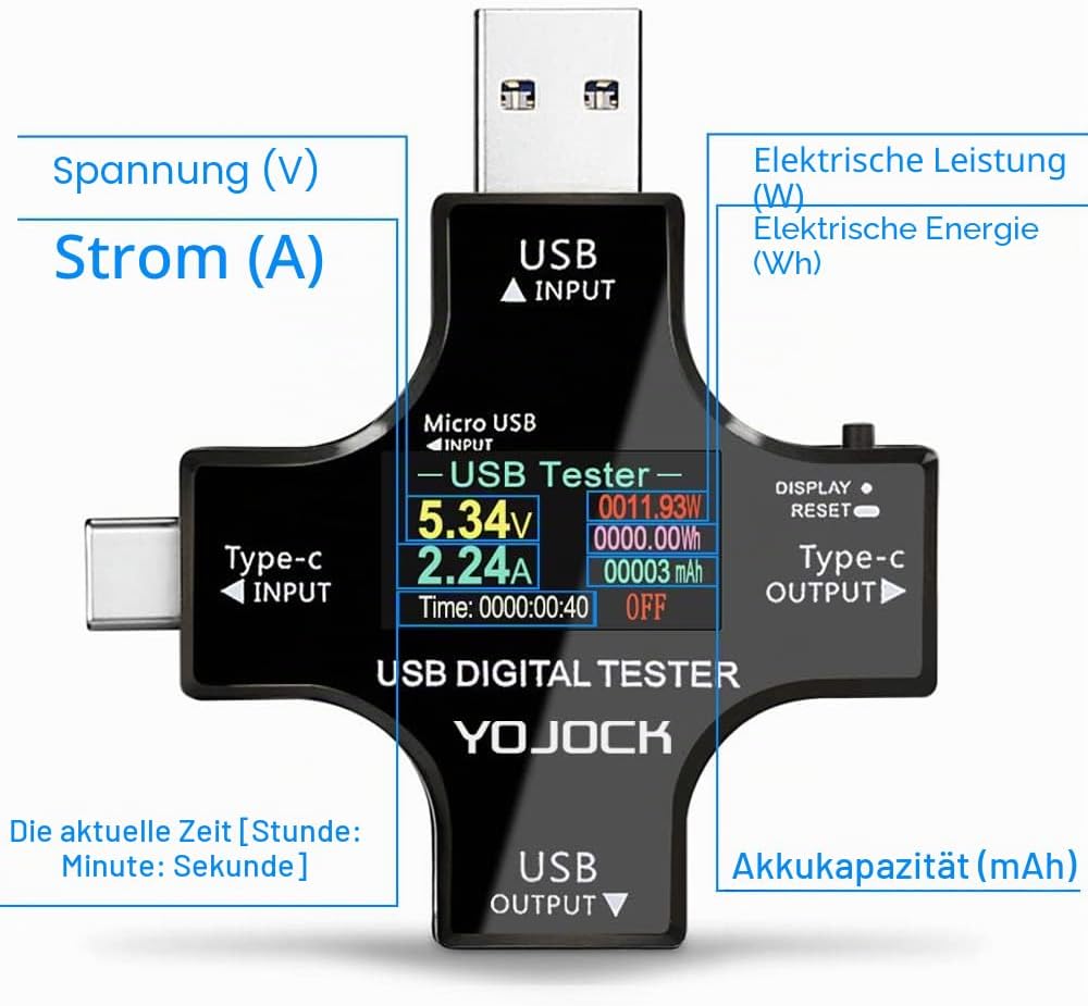 USB-Tester-Messgerät, 2-in-1-USB-C-Strommessgerät, digitales Multimeter, Strommessgerät, Leistungsmesser, Spannung, Voltmeter, Strom, Leistungskapazitätsdetektor – Bild 7