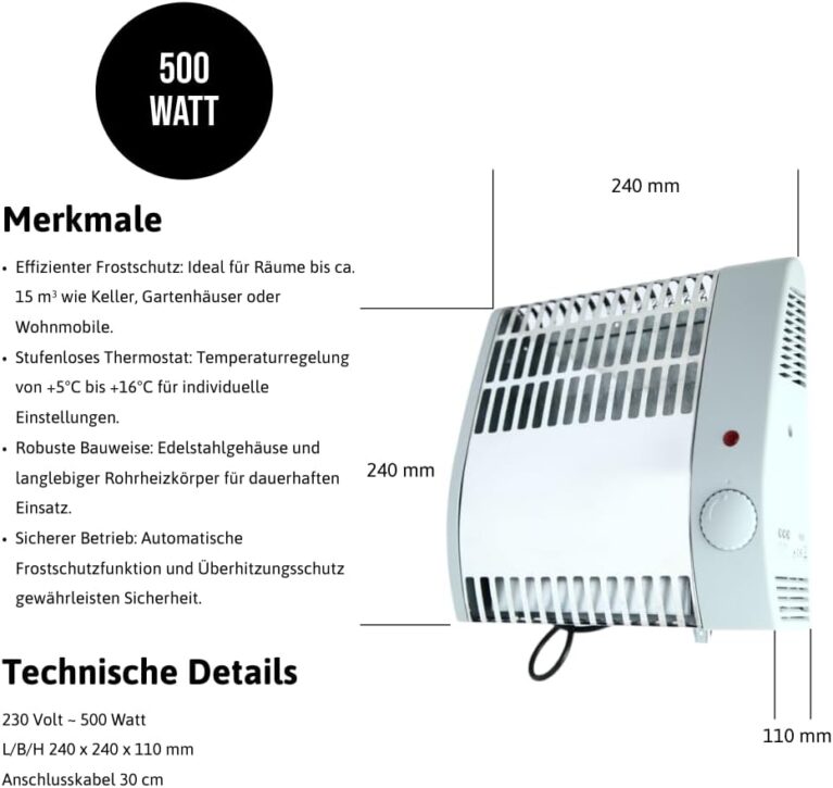 EHLERS FW 500 Frostwächter – 500 W Heizgerät mit Thermostat & Wandmontage, Frostschutz für Räume bis 15 m³ (5–16 °C einstellbar)